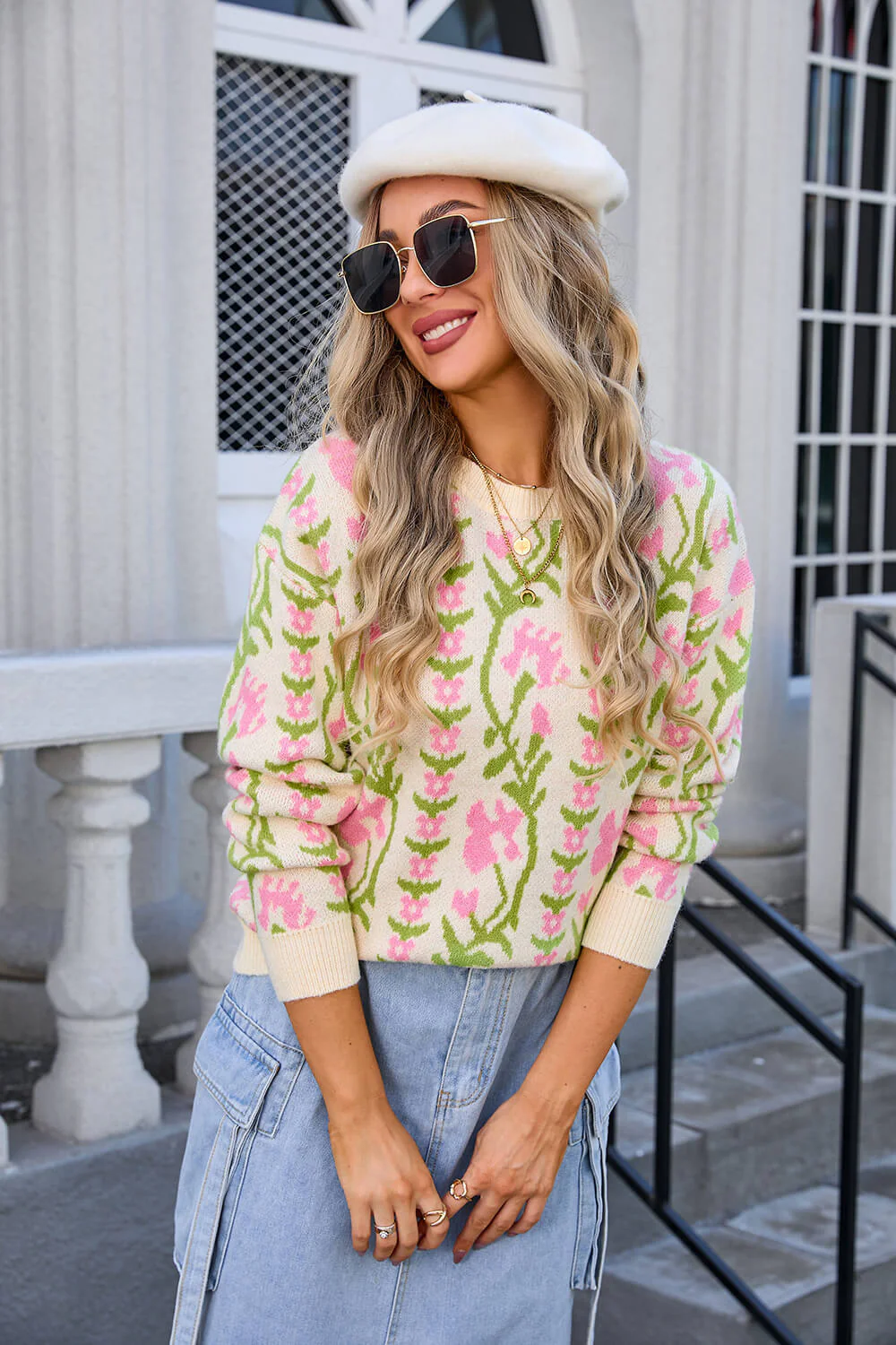 Adalia Floral Pattern Knit Sweater - Apricot - Image 4