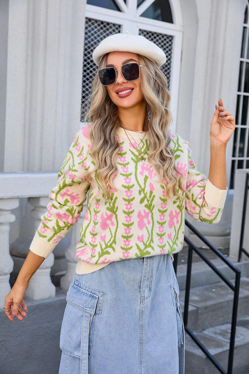 Adalia Floral Pattern Knit Sweater - Apricot - Image 5