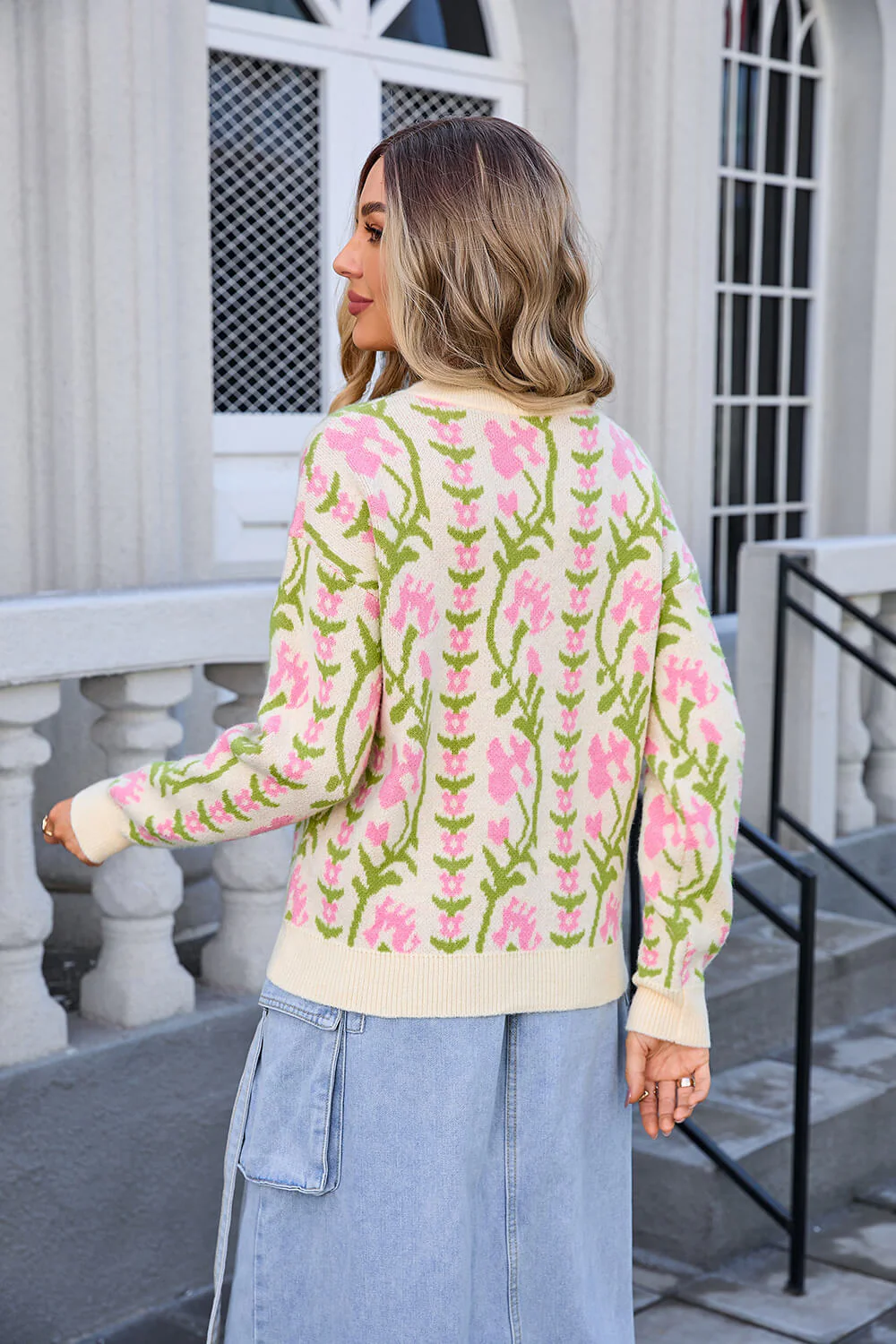 Adalia Floral Pattern Knit Sweater - Apricot - Image 6