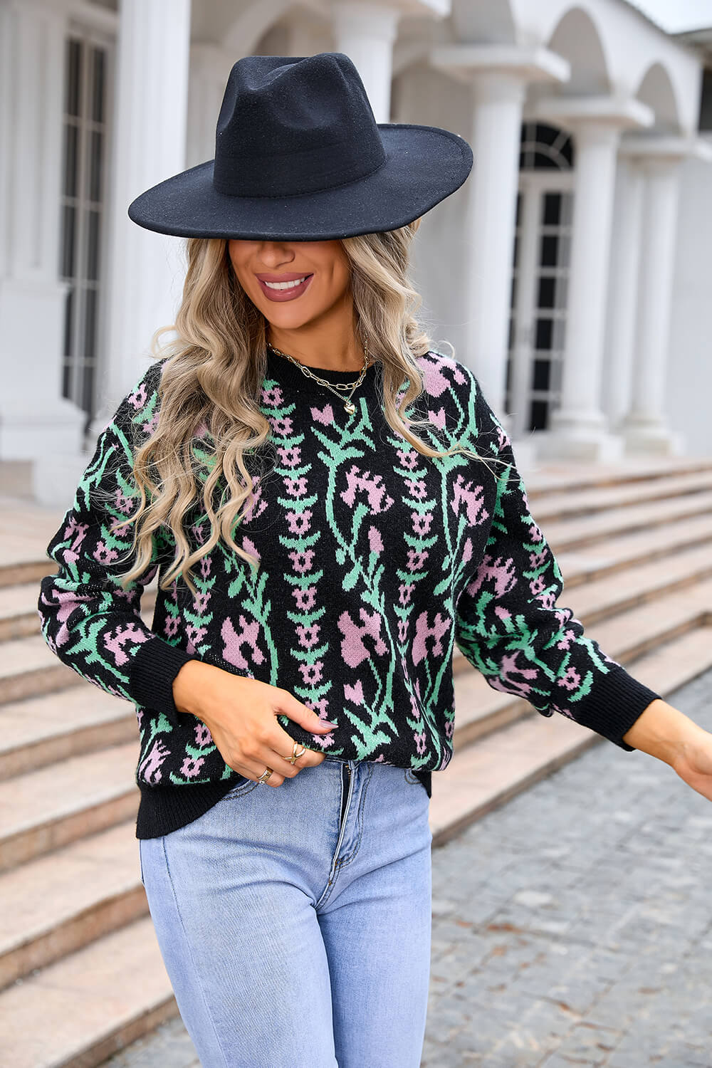 Adalia Floral Pattern Knit Sweater - Black - Image 3