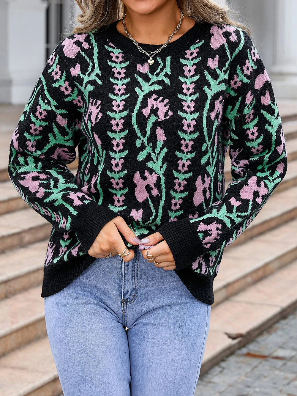Adalia Floral Pattern Knit Sweater - Black - Image 4