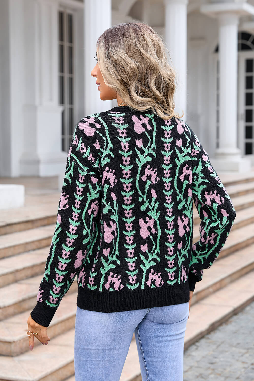 Adalia Floral Pattern Knit Sweater - Black - Image 6