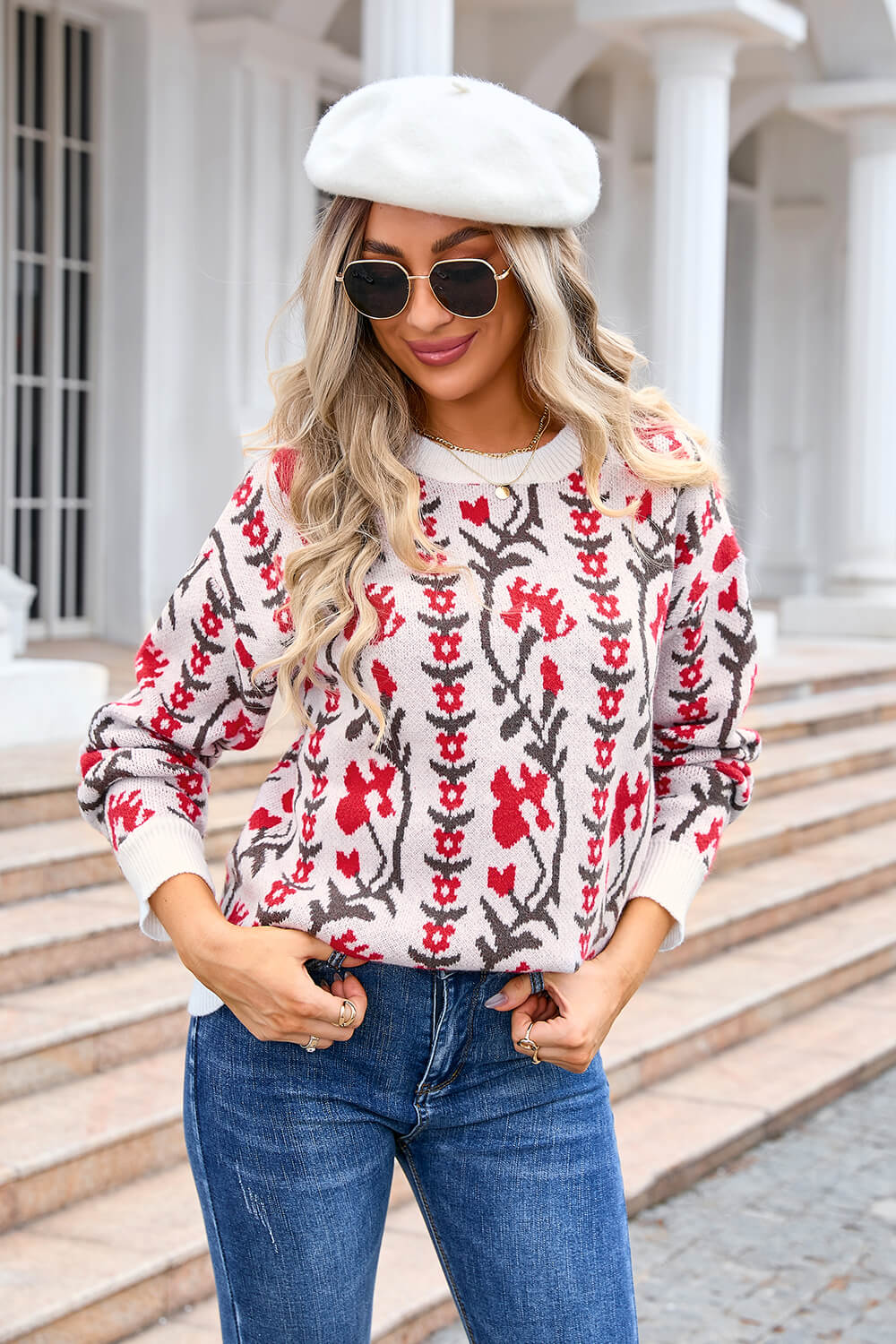 Adalia Floral Pattern Knit Sweater - Red - Image 2