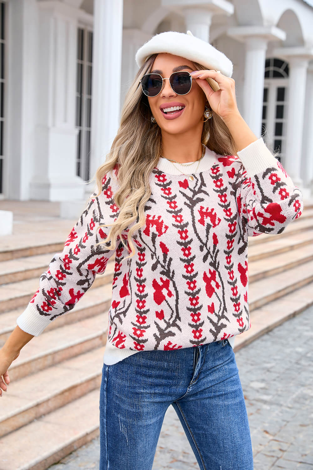 Adalia Floral Pattern Knit Sweater - Red - Image 4