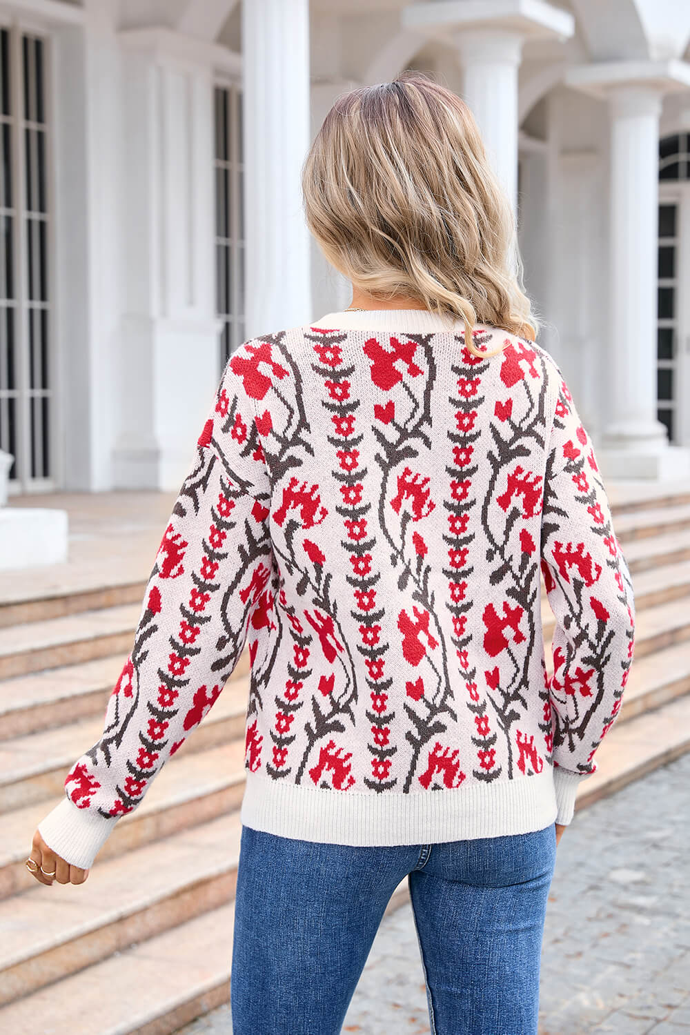 Adalia Floral Pattern Knit Sweater - Red - Image 6