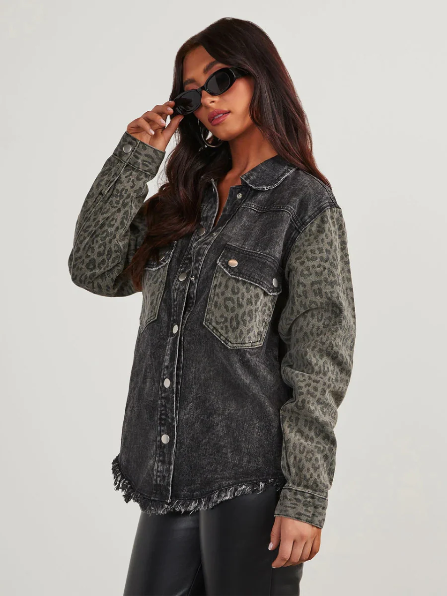 Adisse Contrast Leopard Print Denim Shacket - Black - Image 3