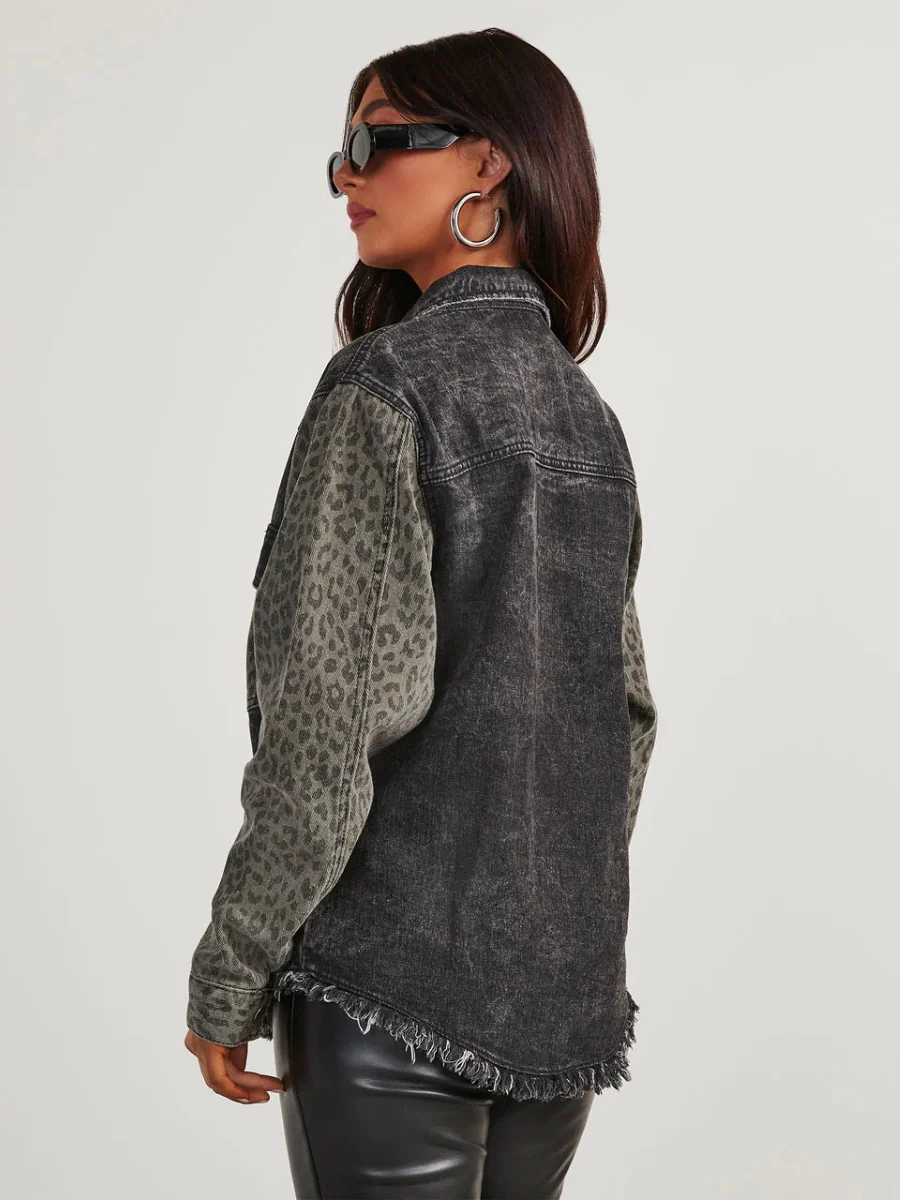 Adisse Contrast Leopard Print Denim Shacket - Black - Image 4