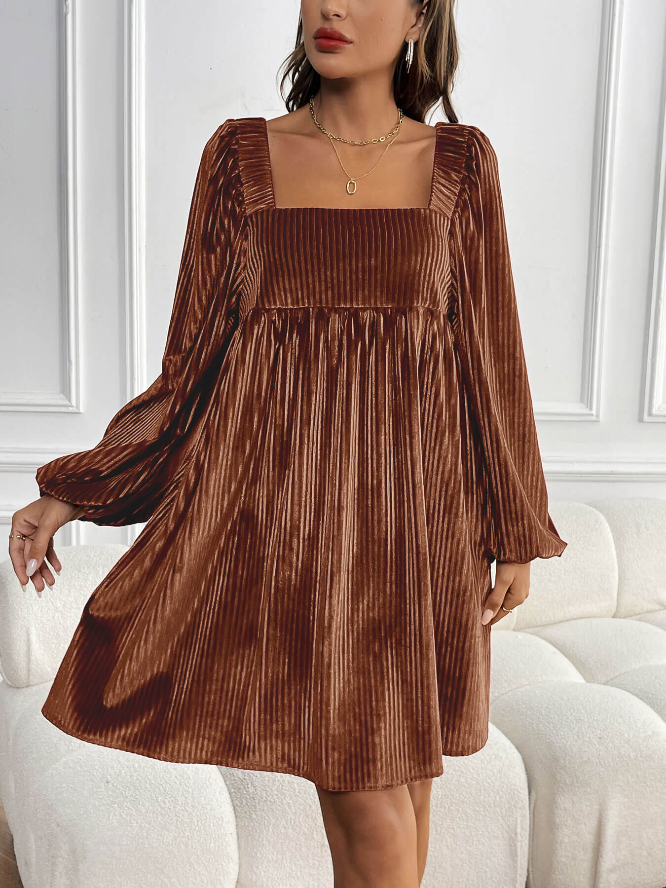 Adrenia Pleated Velvet Midi Dress - brown - Image 2