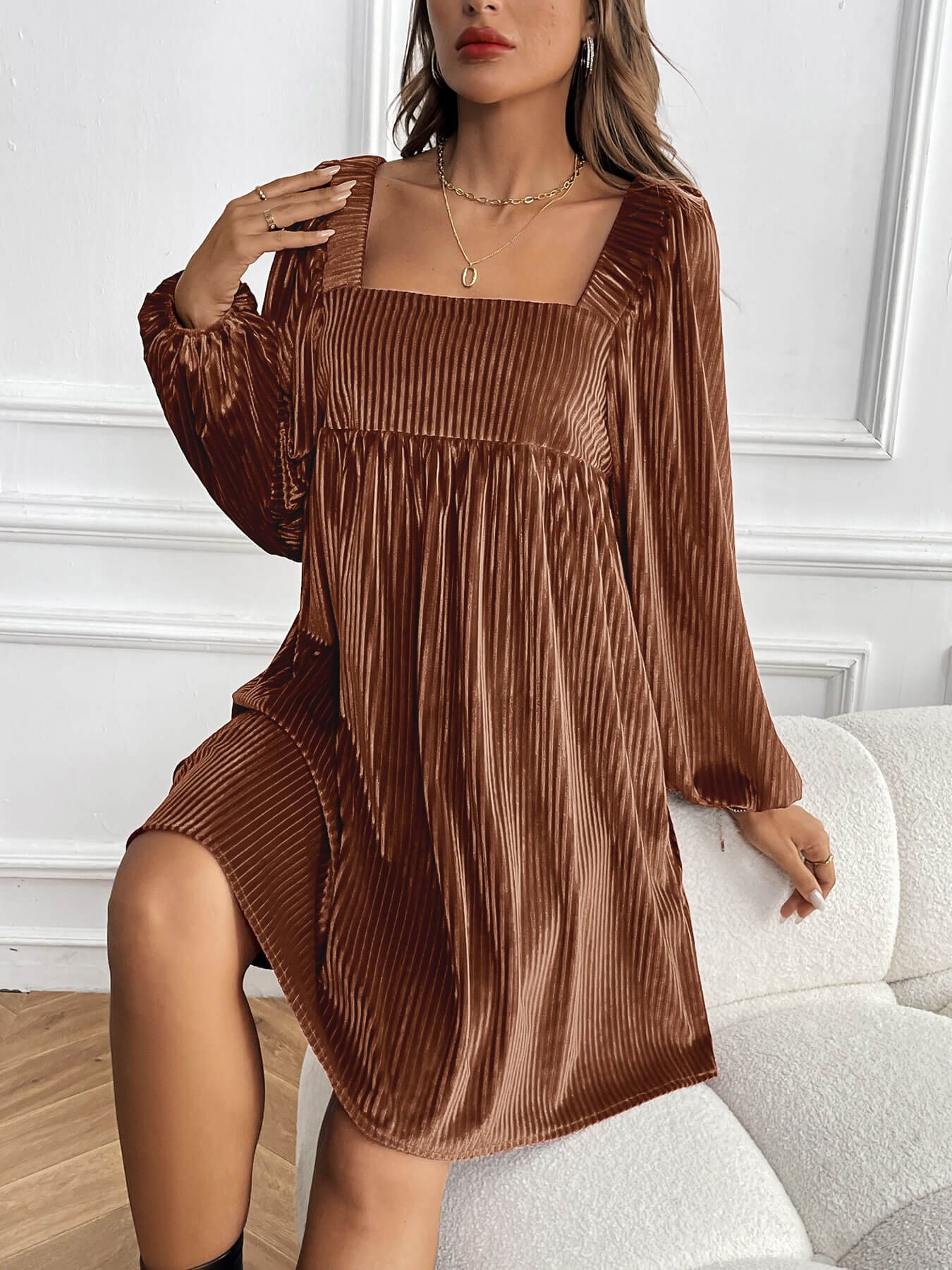 Adrenia Pleated Velvet Midi Dress - brown - Image 5