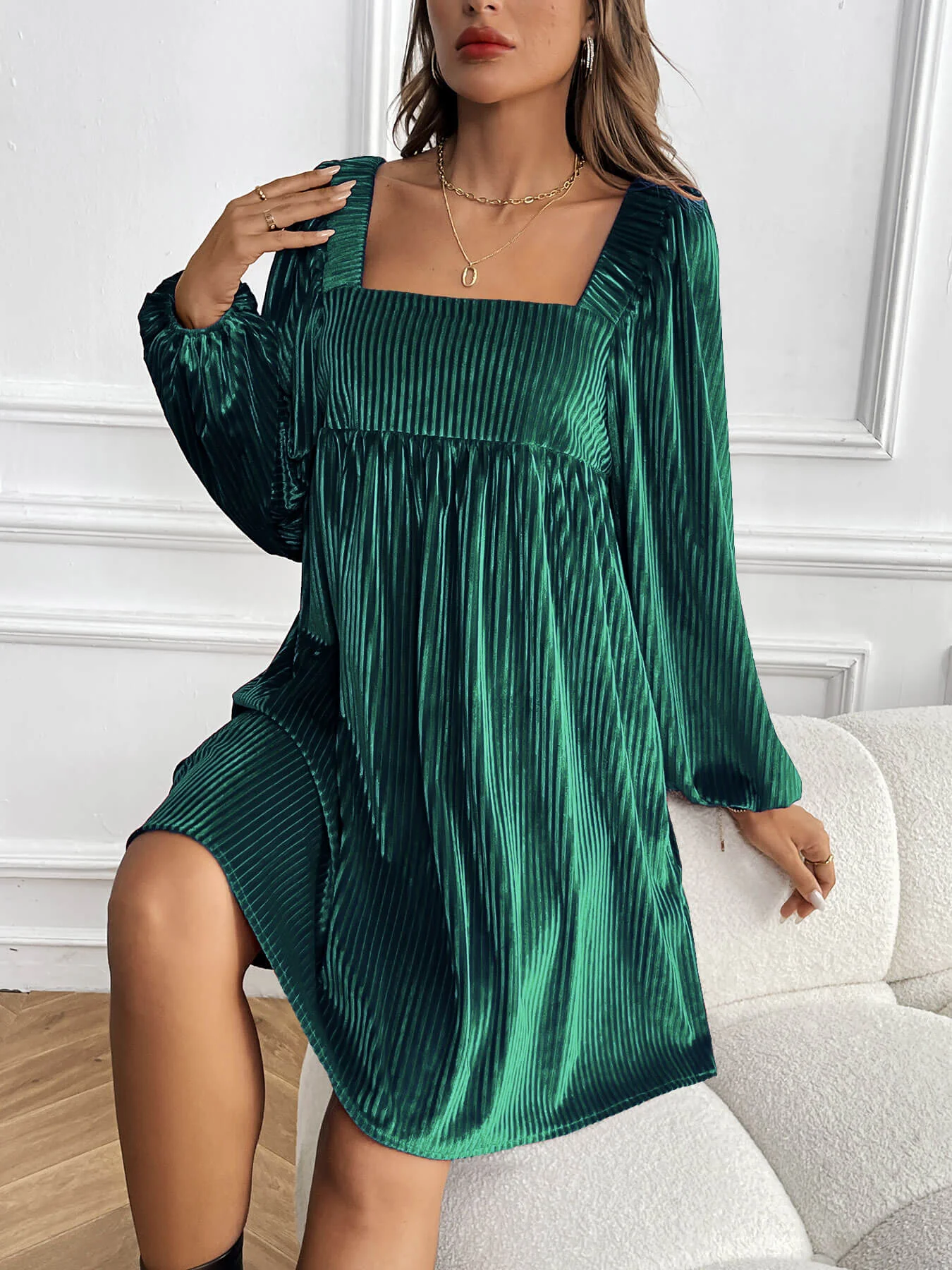 Adrenia Pleated Velvet Midi Dress - green - Image 3