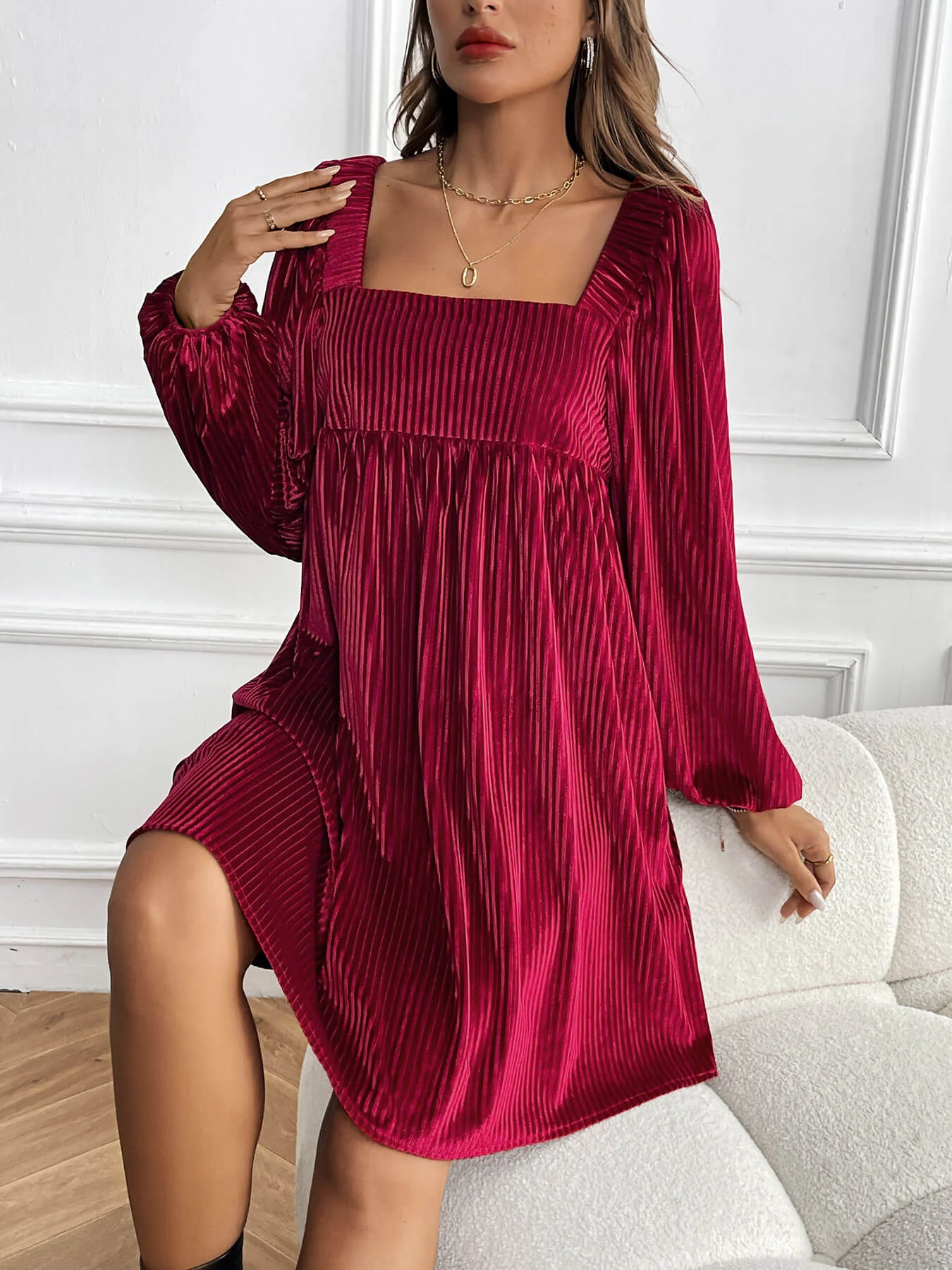 Adrenia Pleated Velvet Midi Dress - red - Image 3