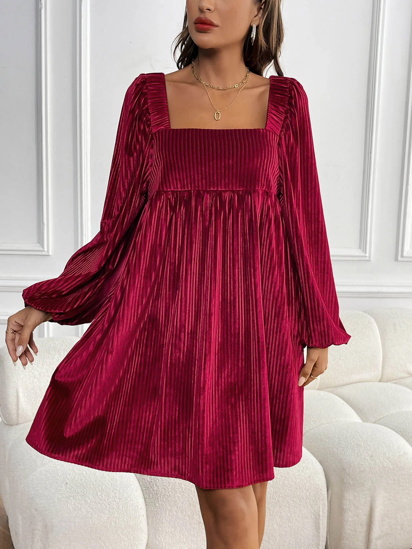 Adrenia Pleated Velvet Midi Dress - red - Image 4