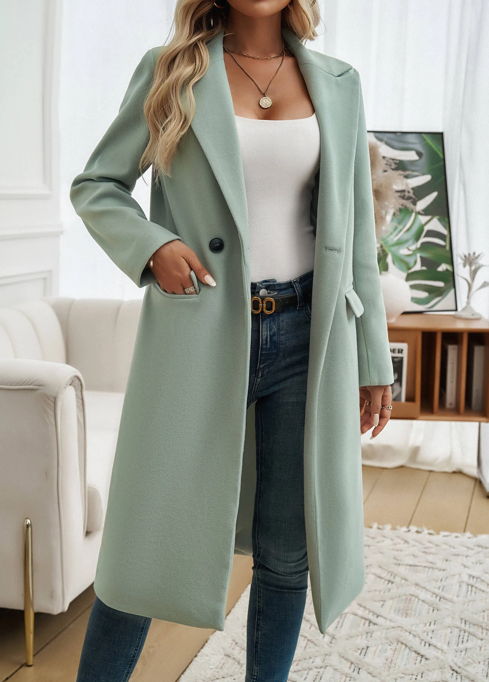 Adri Longline Pocketed Coat - Sage - Image 3
