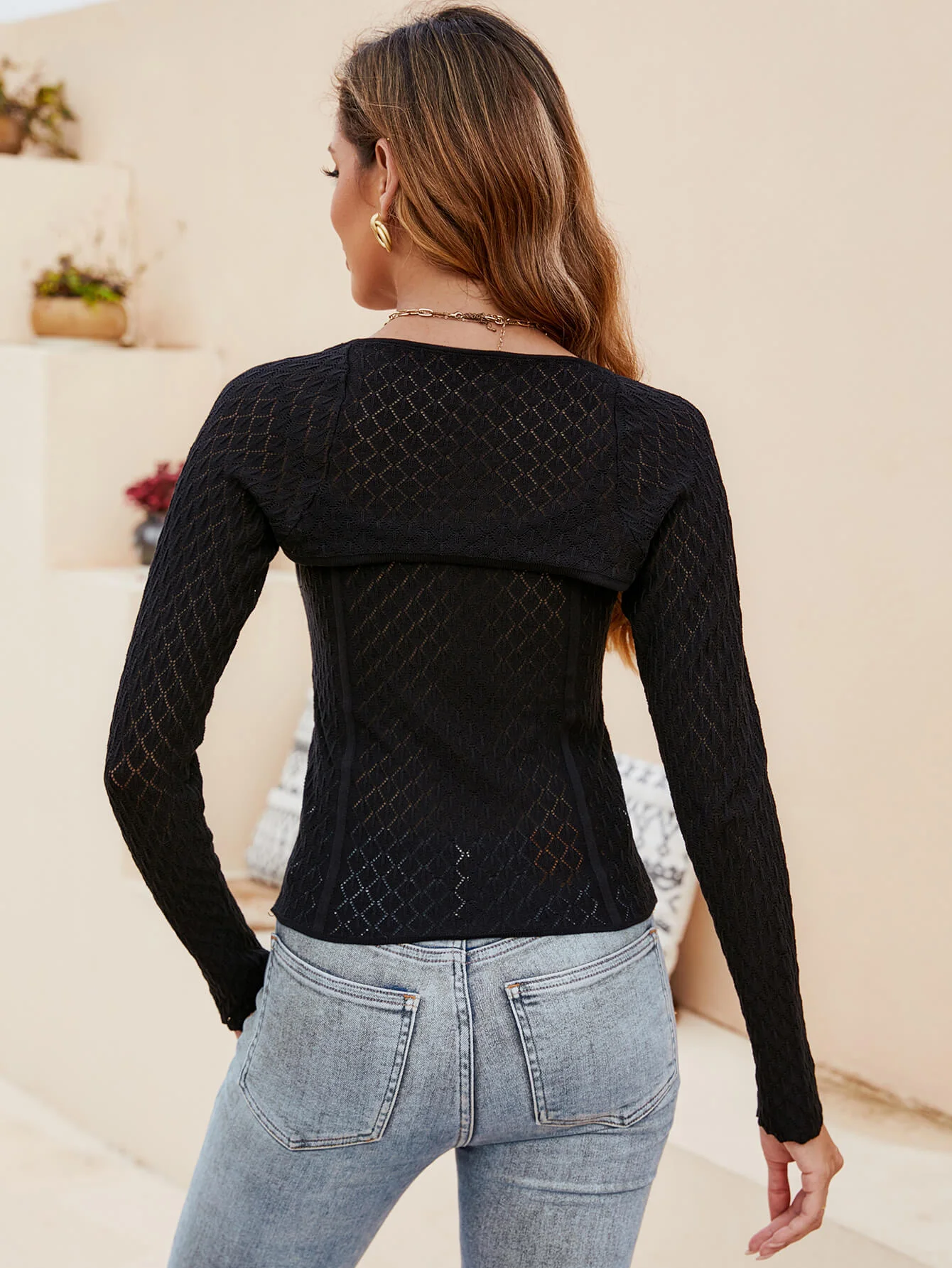 Alannah Perforated Long Sleeve Knit Top - Black - Image 3