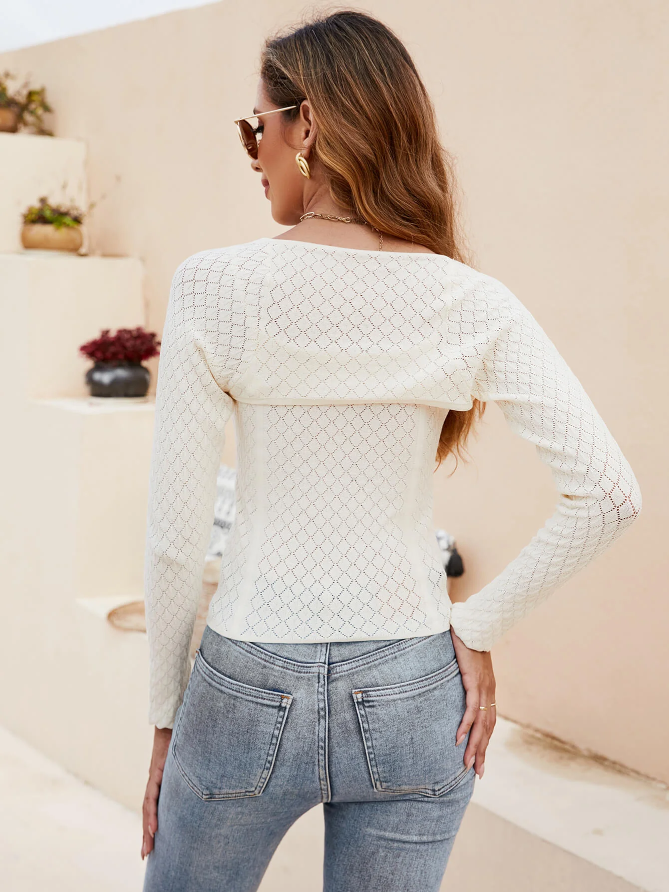 Alannah Perforated Long Sleeve Knit Top - Cream - Image 3