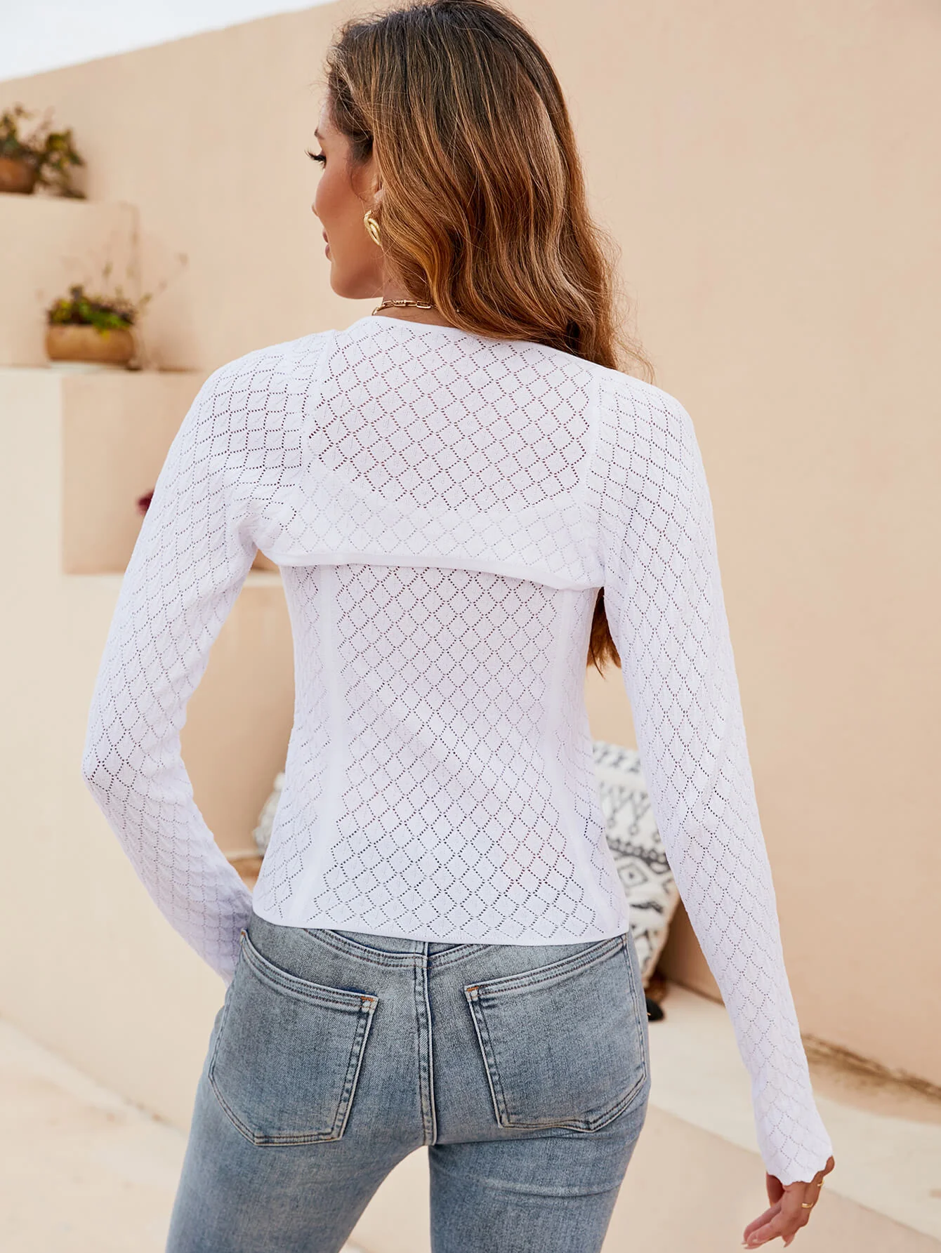 Alannah Perforated Long Sleeve Knit Top - White - Image 3