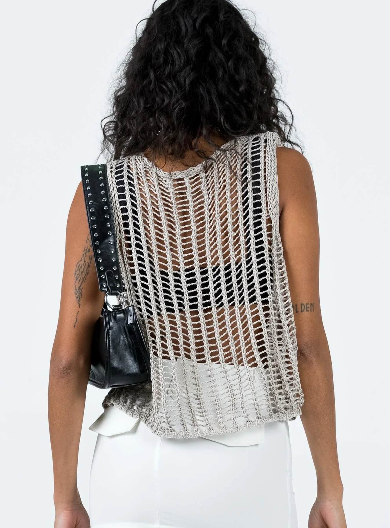 Allery Crochet Knit Sleeveless Tank - Grey - Image 3