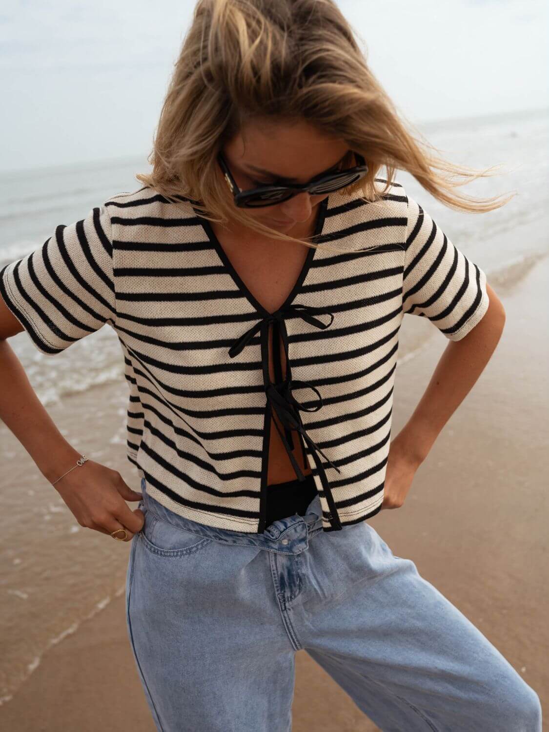 Almina Front Tie Stripe Top