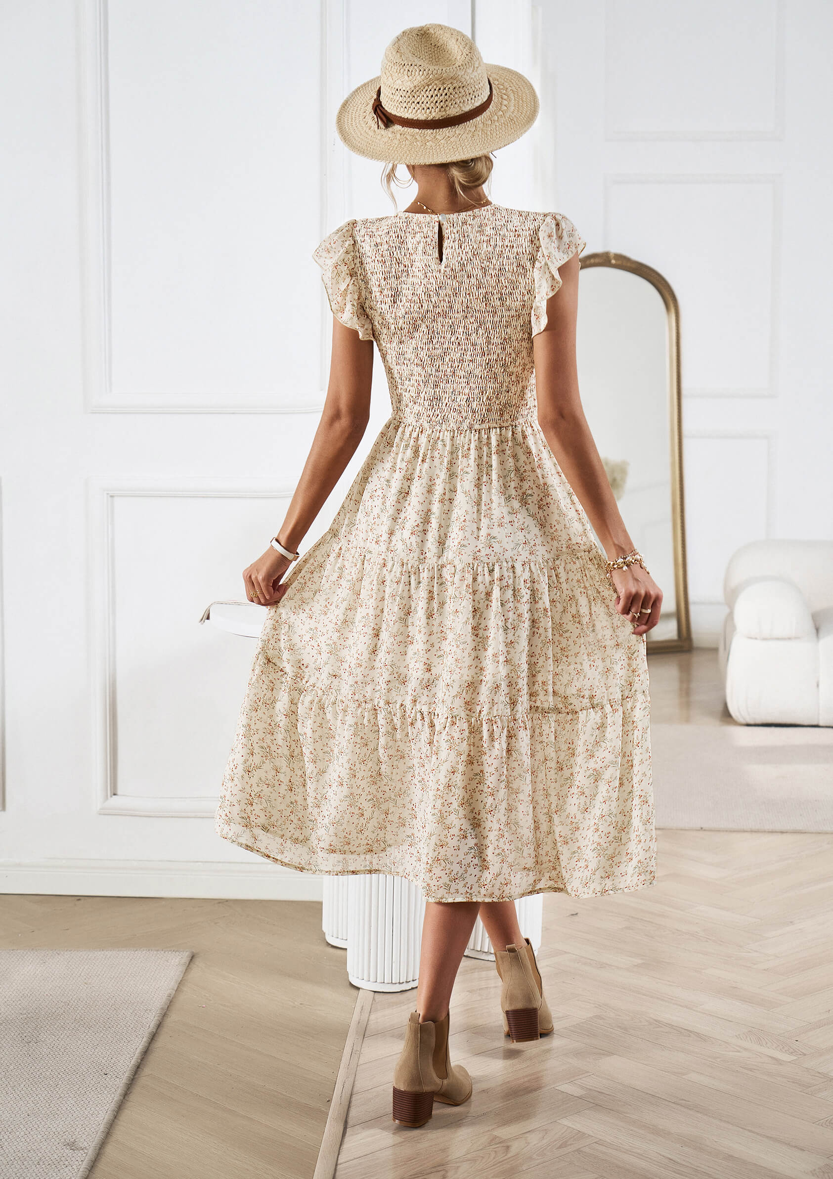 Always Falling Floral Tiered Midi Dress - Beige - Image 3
