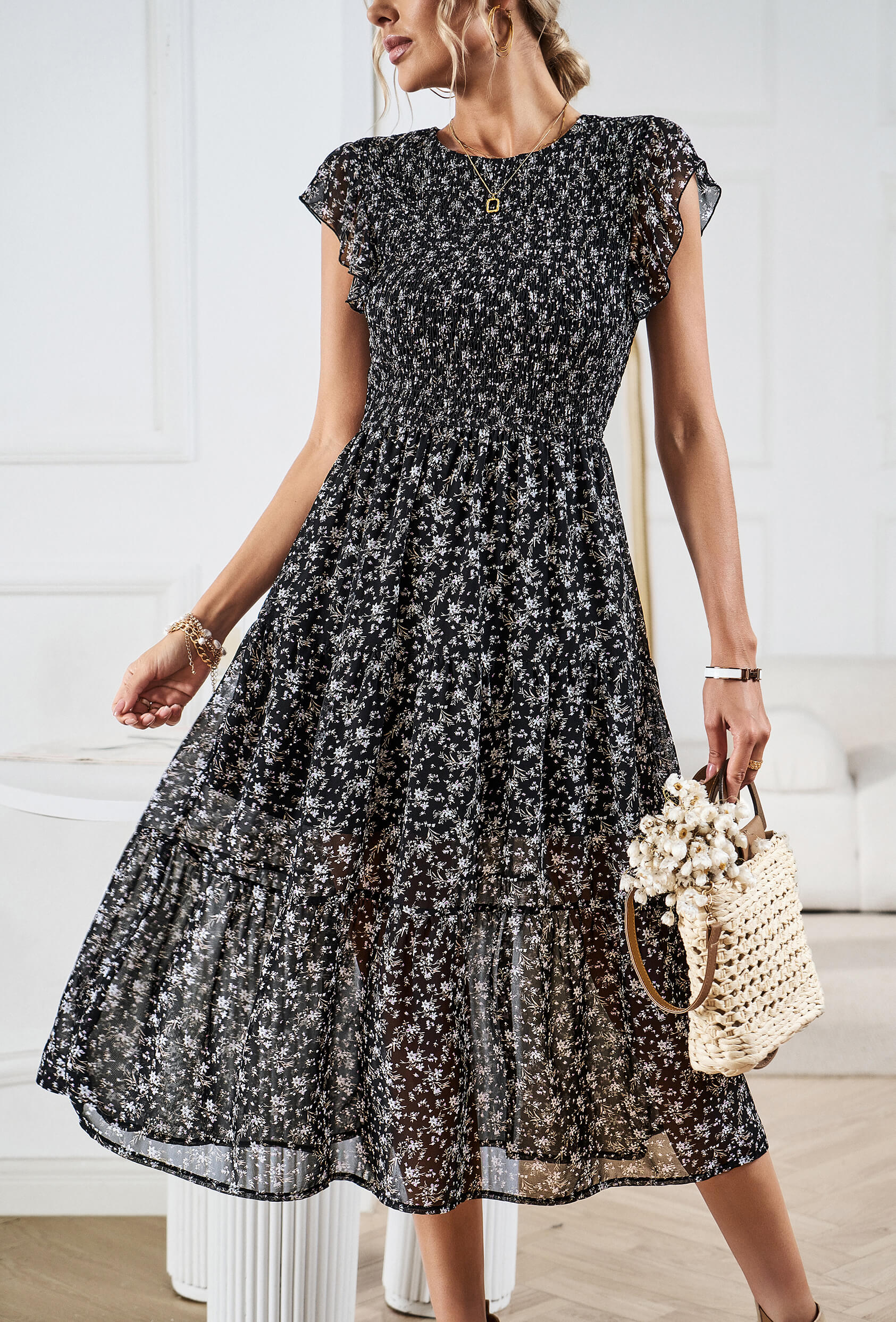 Always Falling Floral Tiered Midi Dress - Black - Image 3