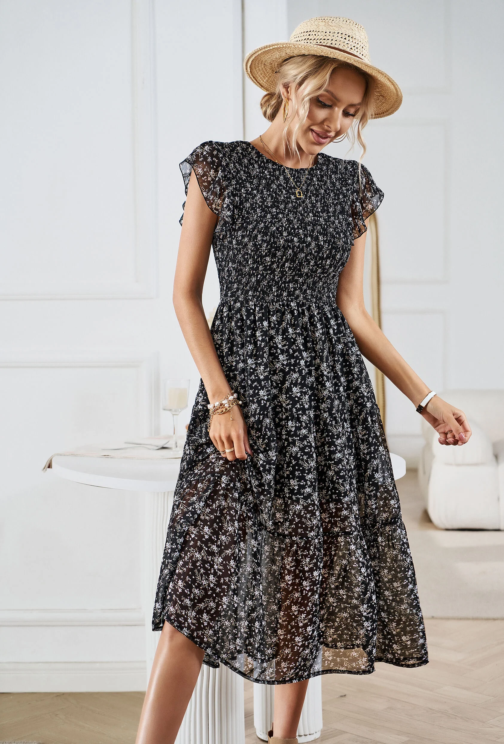 Always Falling Floral Tiered Midi Dress - Black - Image 6