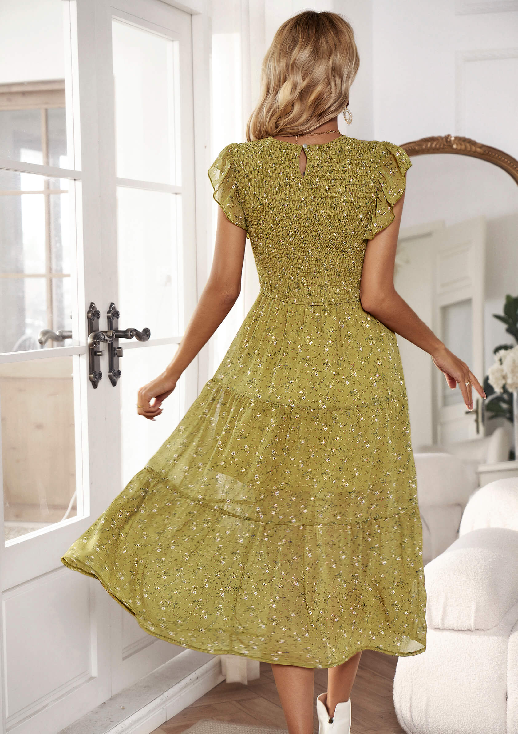 Always Falling Floral Tiered Midi Dress - Olive - Image 3