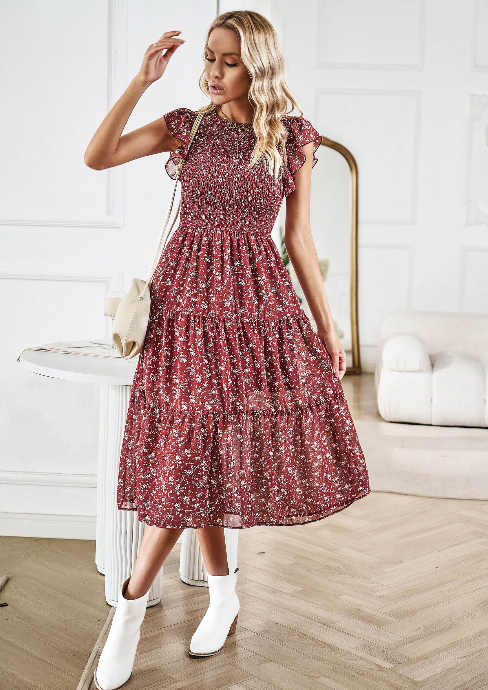 Always Falling Floral Tiered Midi Dress - Red - Image 2