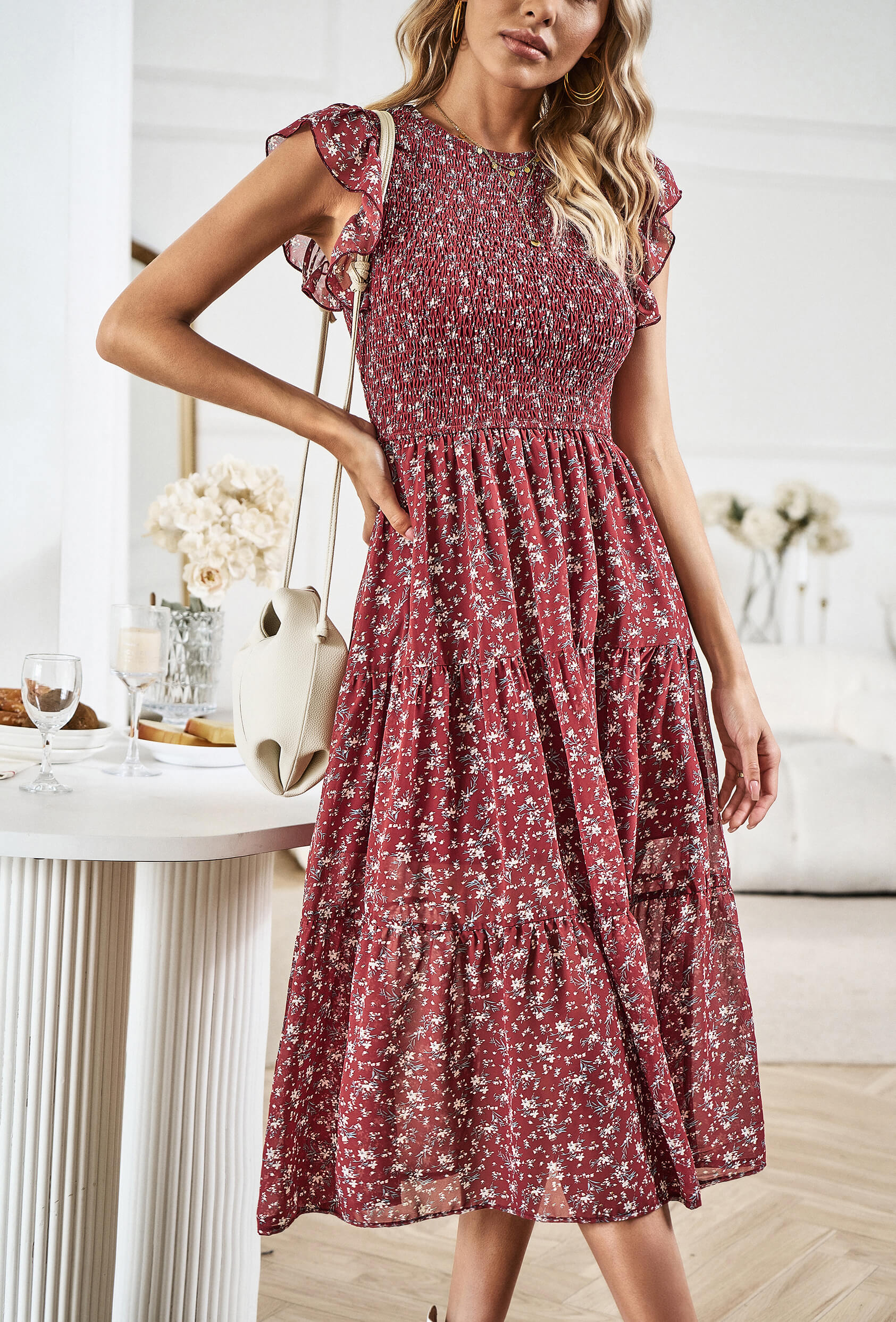 Always Falling Floral Tiered Midi Dress - Red - Image 3