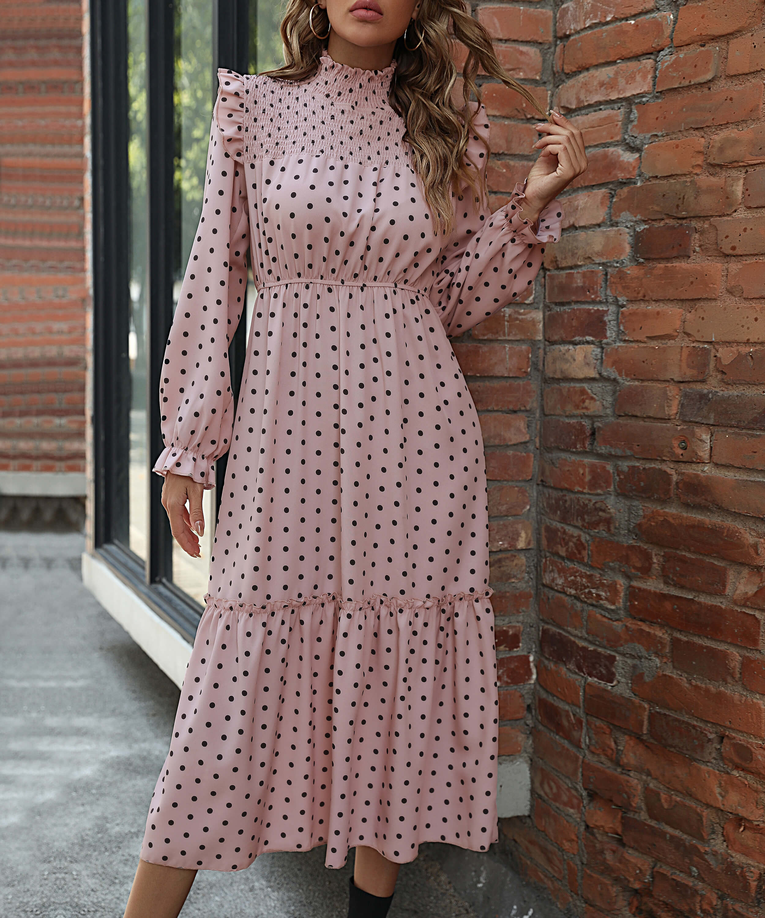 Amalia Polka Dot Smocked Cap Shoulder Maxi Dress - Dusty Pink - Image 5
