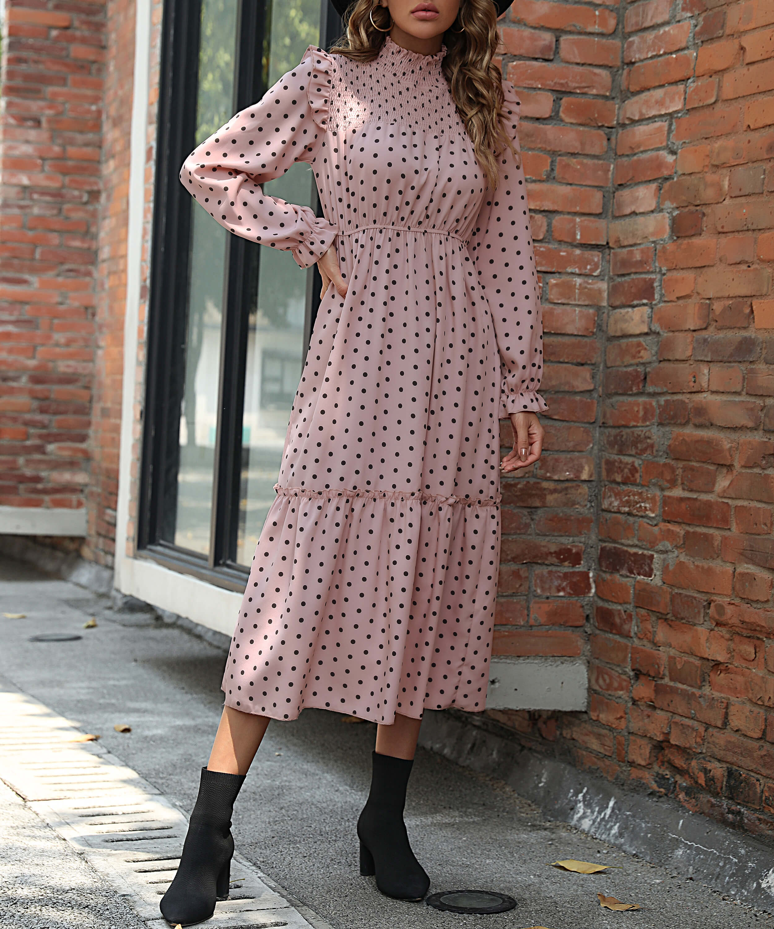 Amalia Polka Dot Smocked Cap Shoulder Maxi Dress - Dusty Pink - Image 6