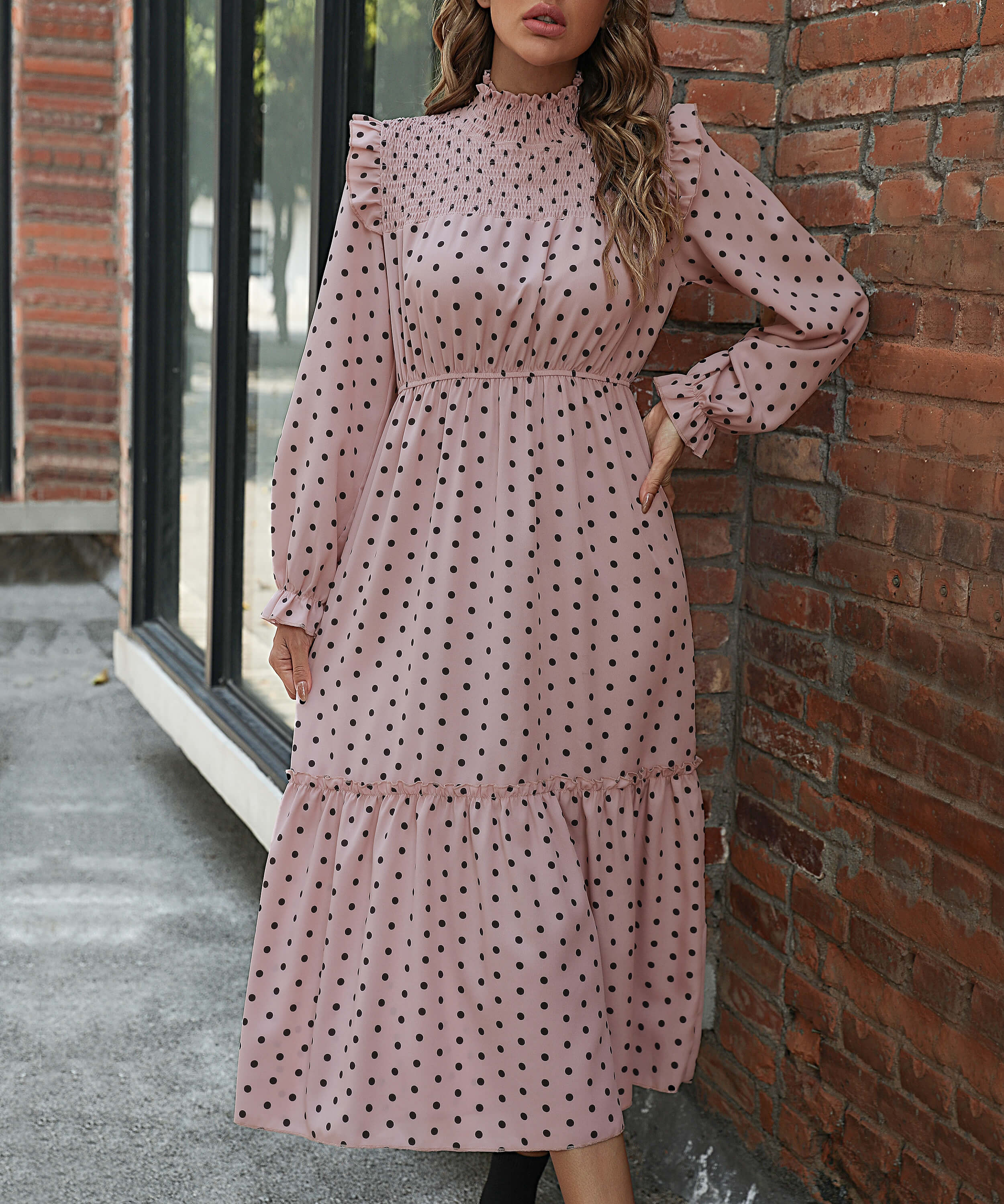 Amalia Polka Dot Smocked Cap Shoulder Maxi Dress - Dusty Pink - Image 8