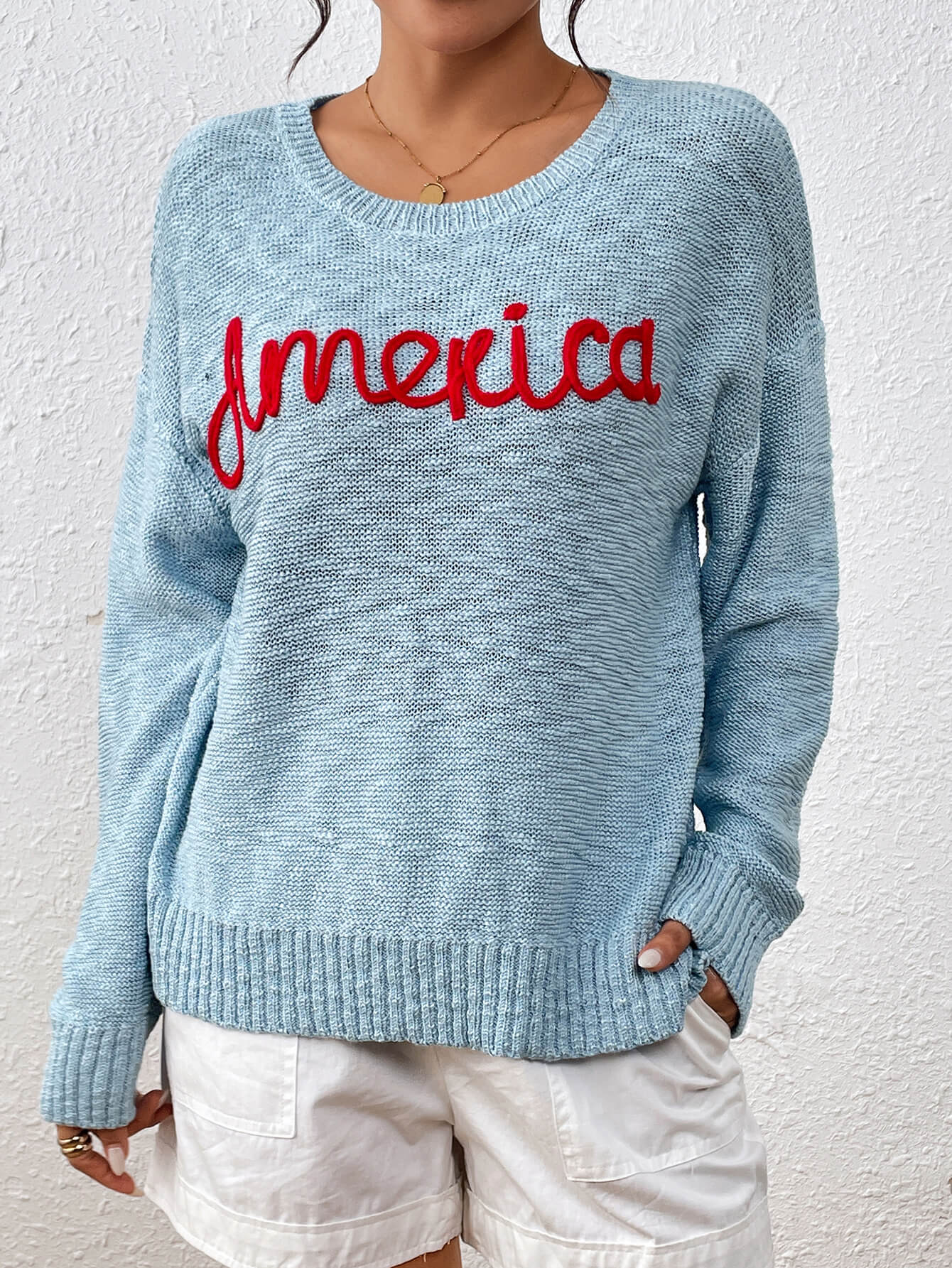 America Mom Knit Pullover Sweater - Blue - Image 3