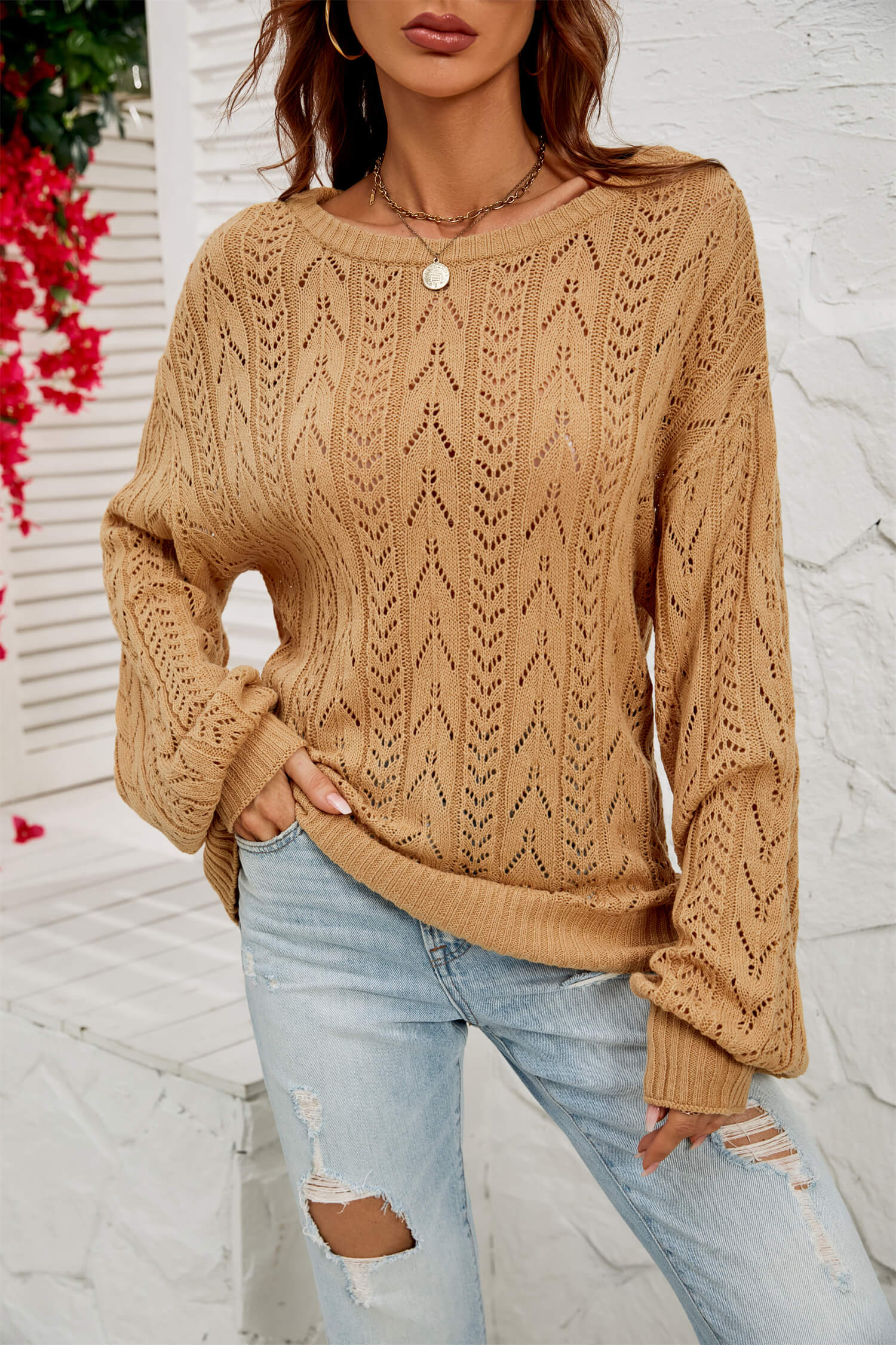 Amsterdam Perforated Knit Sweater - Khaki - Image 6