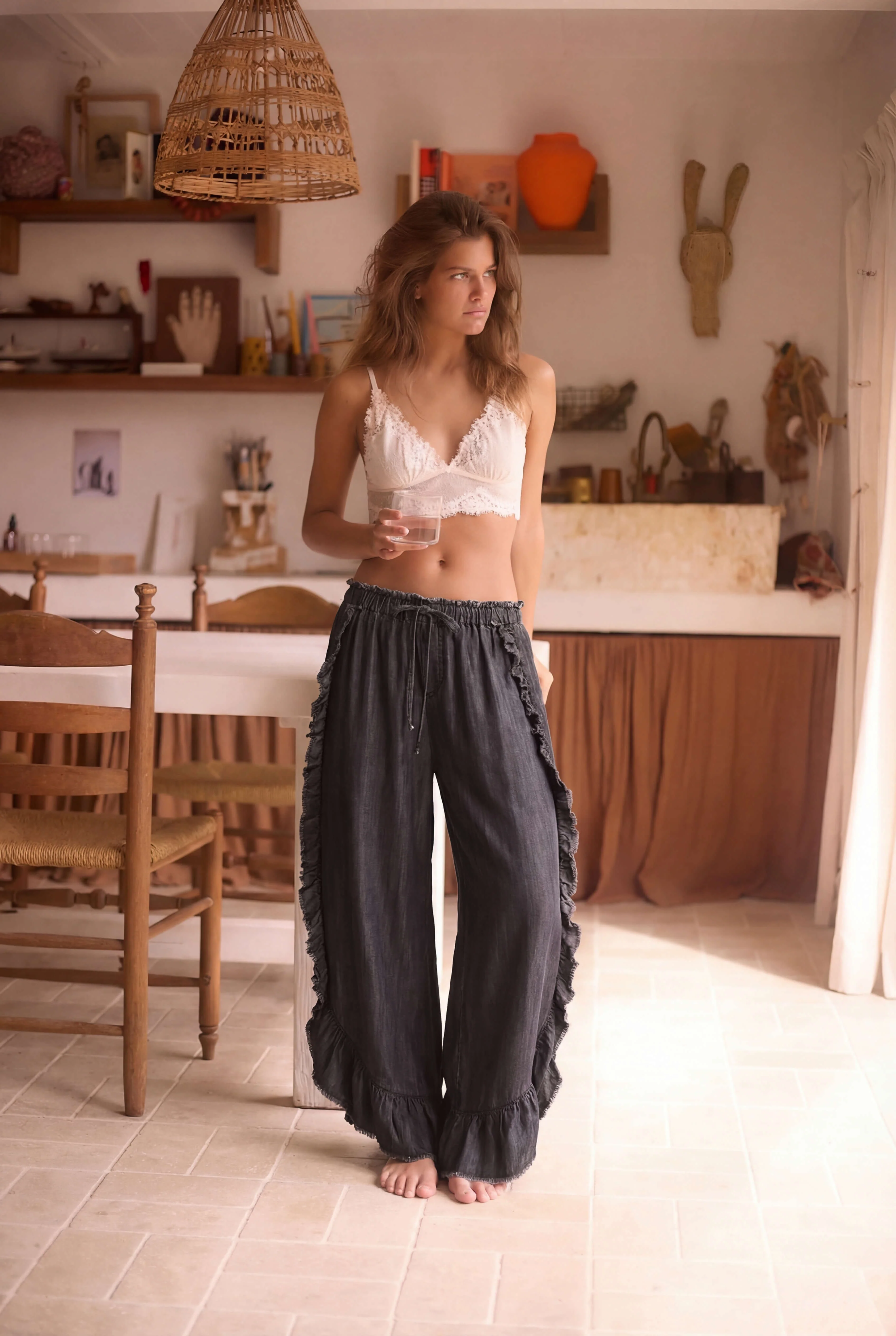 Andreina Rigid Wide Leg Ruffle Trim Drawstring Denim Pants - black - Image 2