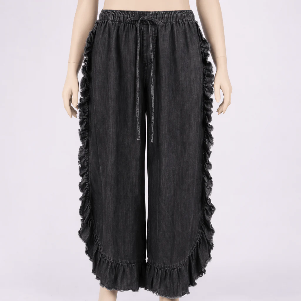 Andreina Rigid Wide Leg Ruffle Trim Drawstring Denim Pants - black - Image 3