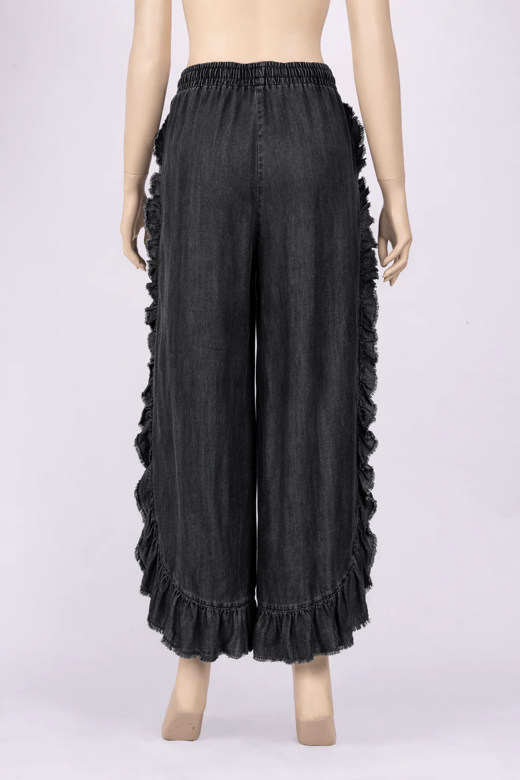 Andreina Rigid Wide Leg Ruffle Trim Drawstring Denim Pants - black - Image 4
