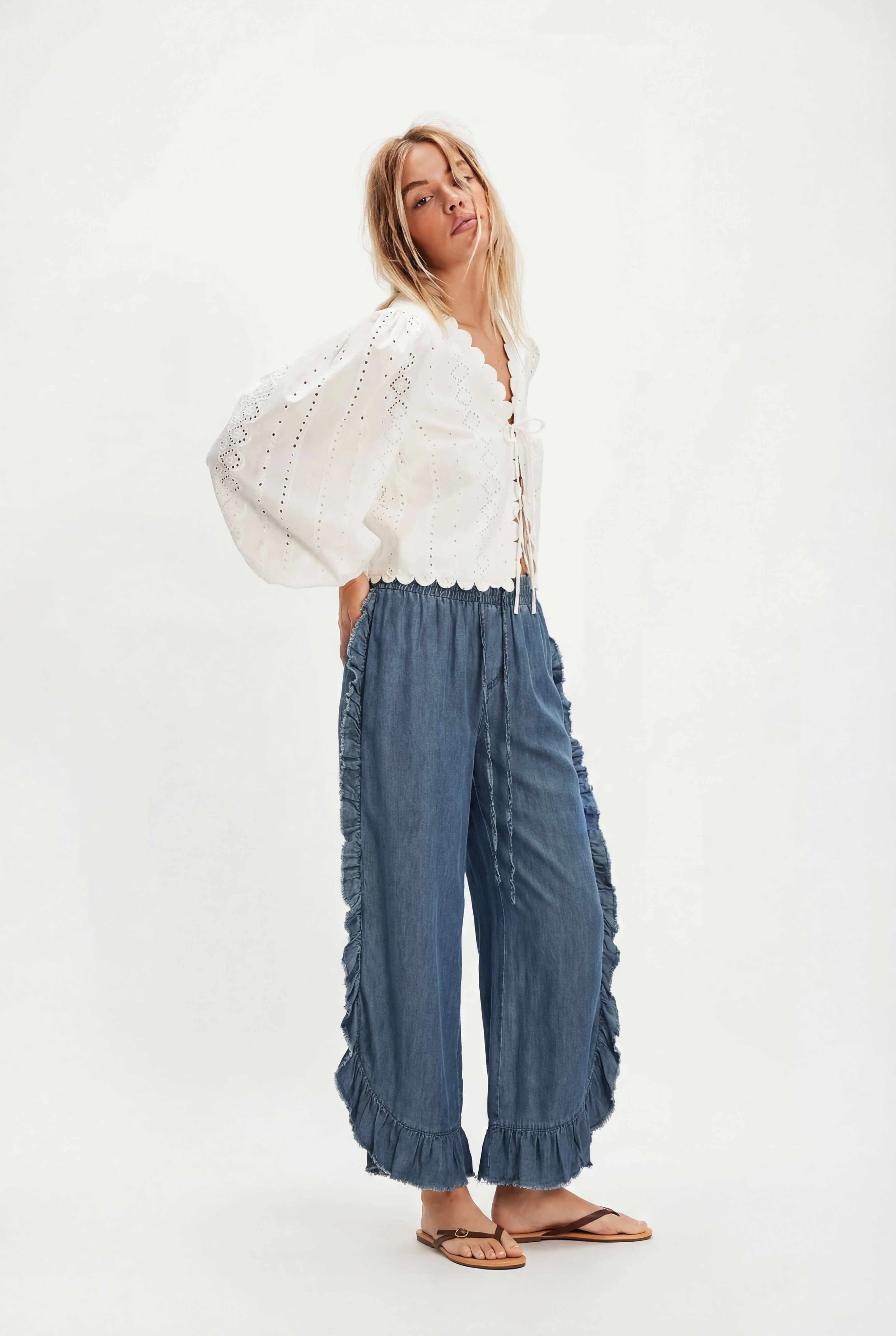 Andreina Rigid Wide Leg Ruffle Trim Drawstring Denim Pants - blue - Image 2
