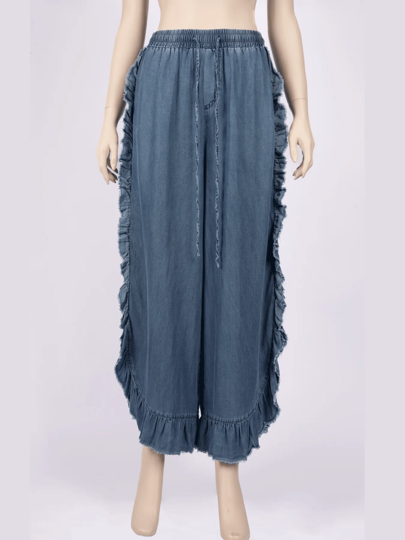 Andreina Rigid Wide Leg Ruffle Trim Drawstring Denim Pants - blue - Image 3
