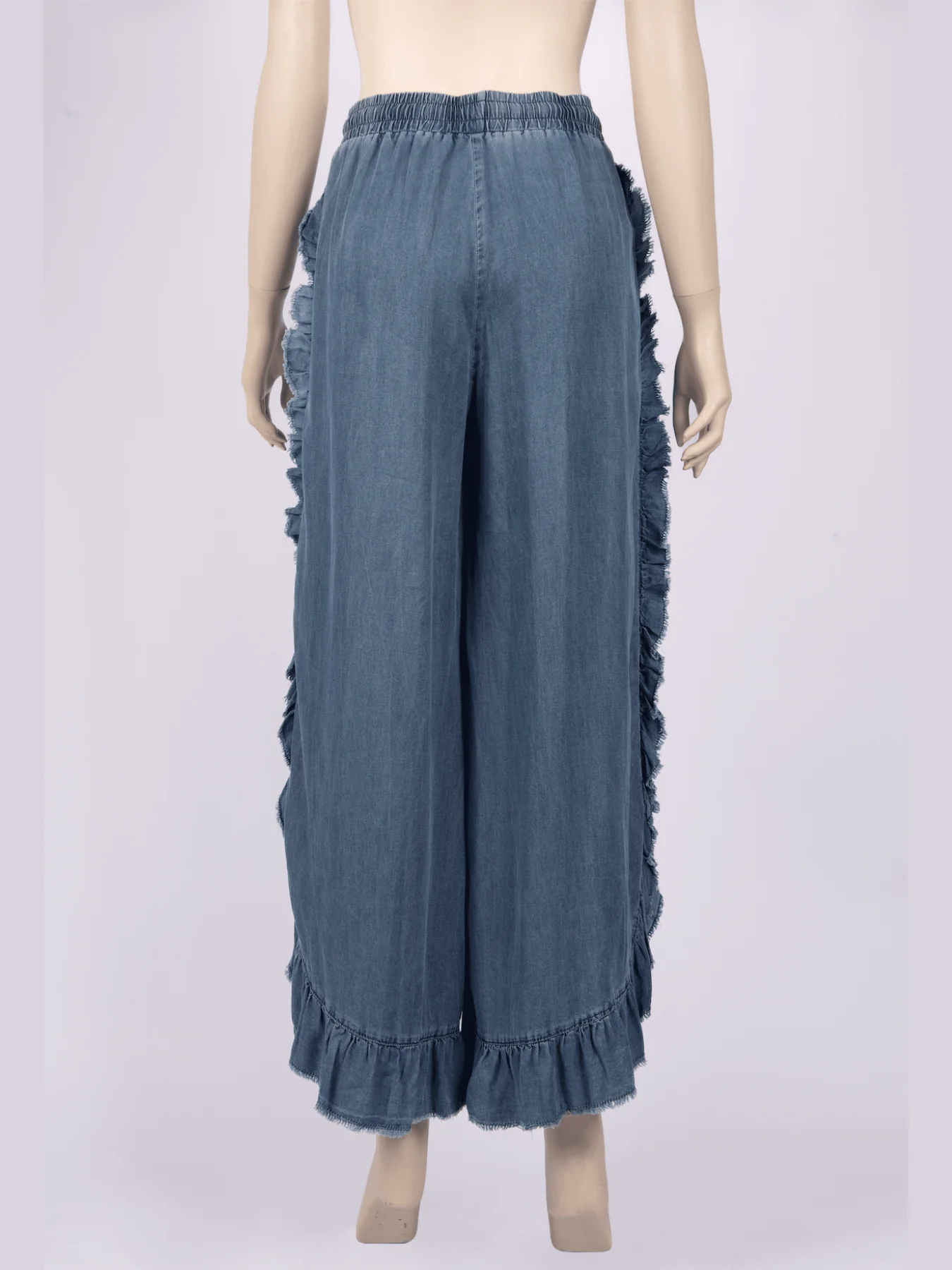 Andreina Rigid Wide Leg Ruffle Trim Drawstring Denim Pants - blue - Image 4