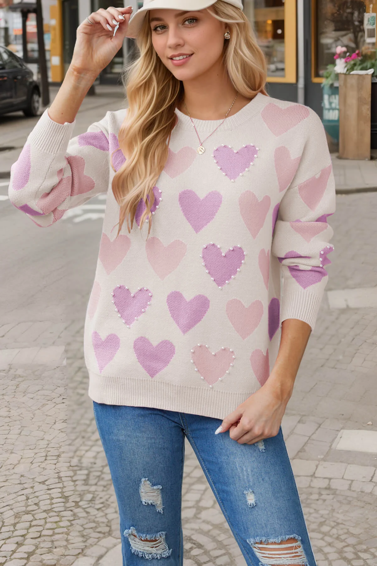 Angelina Heart Pearl Embellished Knit Sweater - Image 2