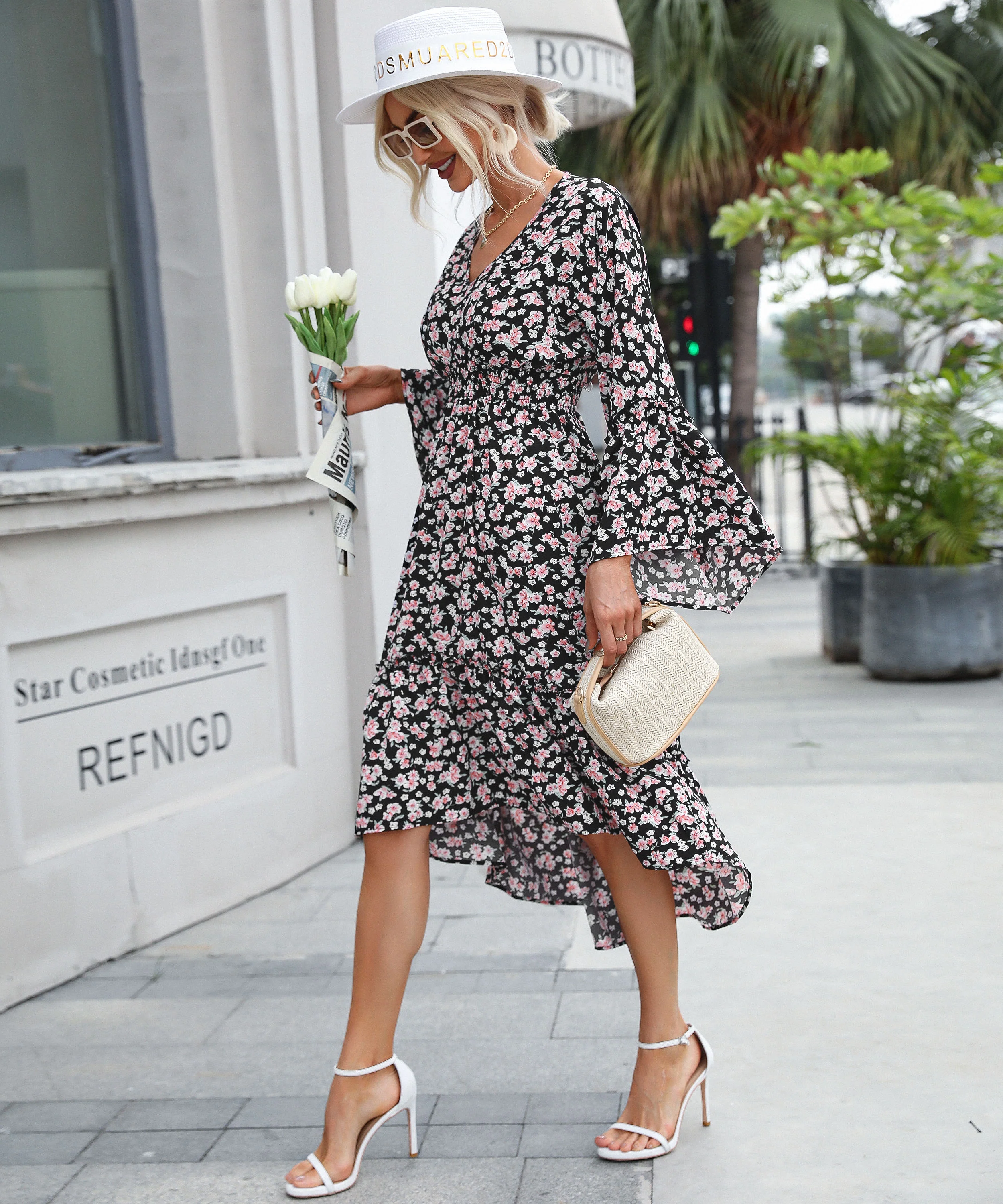 ANTHEM Flared Sleeve Midi Dress - Black - Image 4