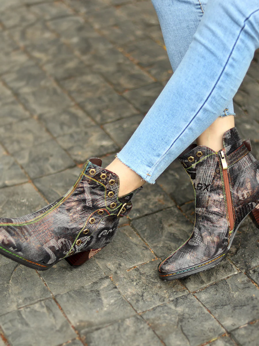 SOFFIA | Antique Prints With Metallic Stud Moto Boot - Image 3