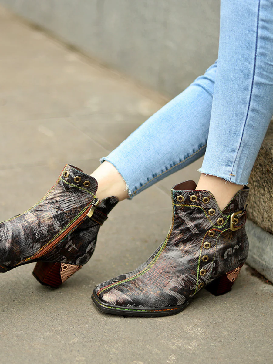 SOFFIA | Antique Prints With Metallic Stud Moto Boot - Image 4