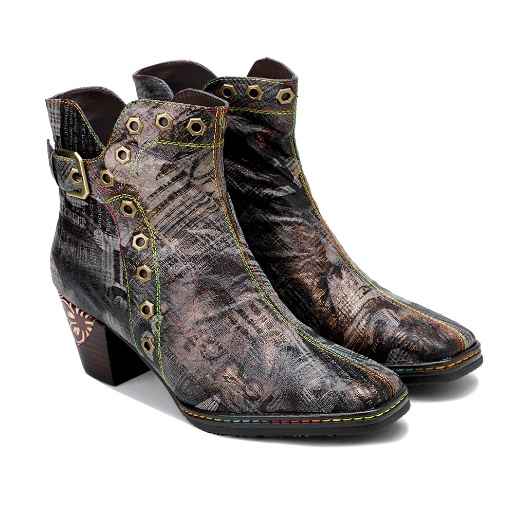SOFFIA | Antique Prints With Metallic Stud Moto Boot - Image 6