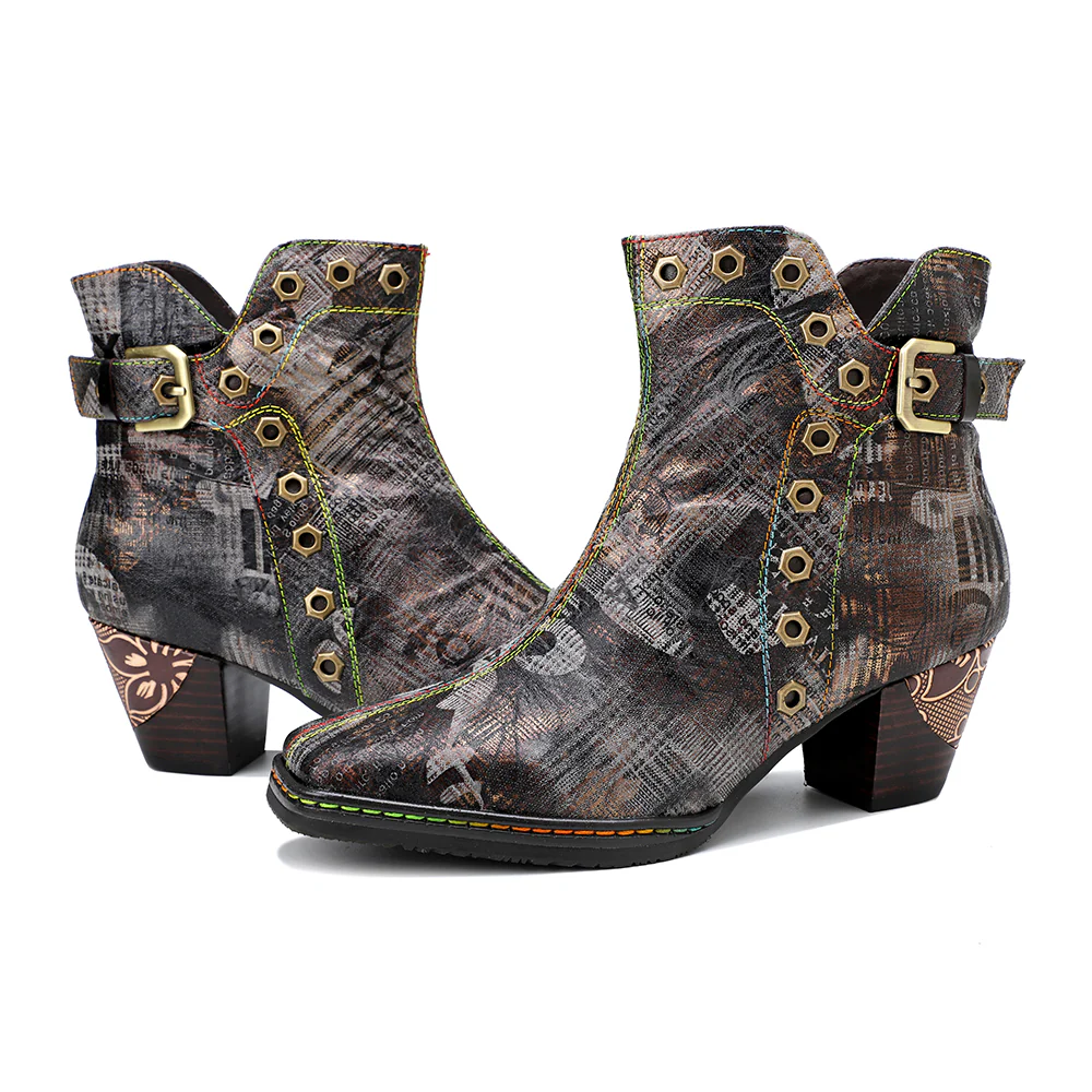 SOFFIA | Antique Prints With Metallic Stud Moto Boot - Image 9