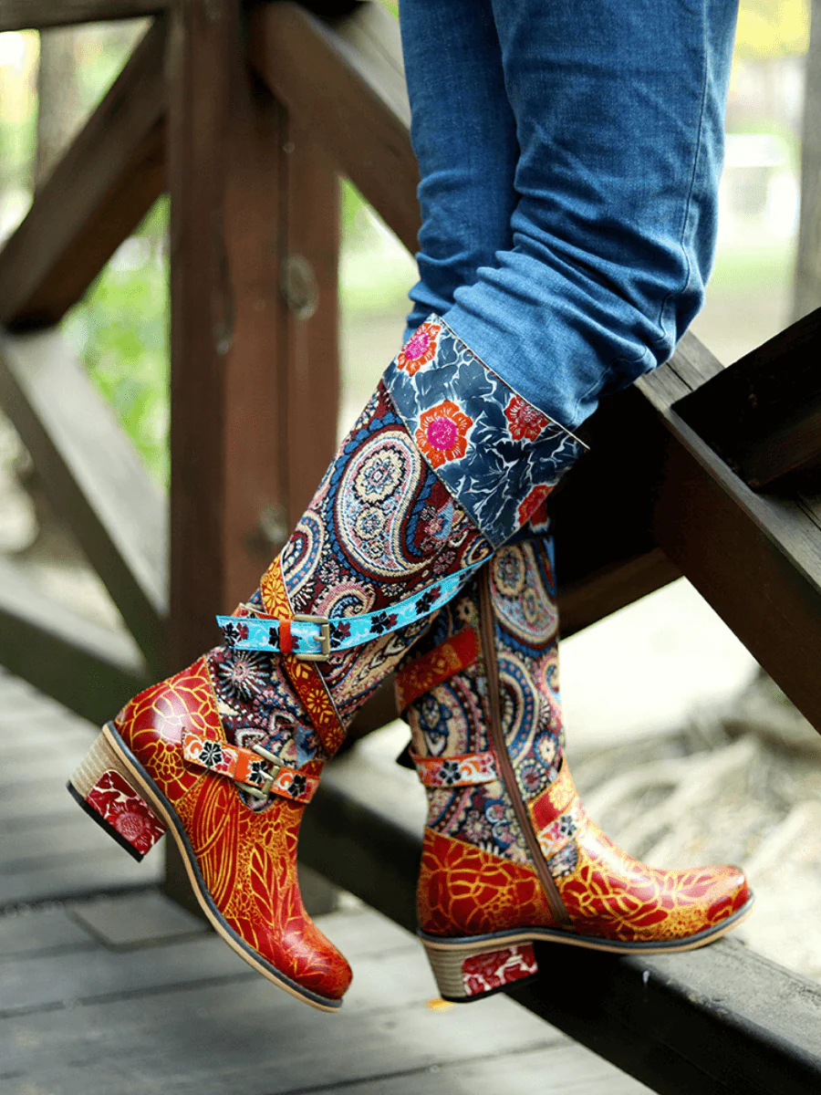Soffia | Floral Tie-Accent Leather Vintage Knee High Boots - Image 3