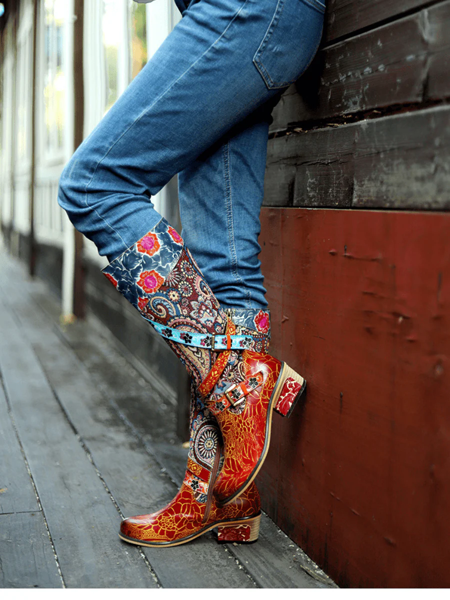 Soffia | Floral Tie-Accent Leather Vintage Knee High Boots - Image 4