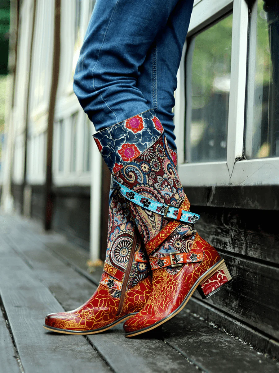 Soffia | Floral Tie-Accent Leather Vintage Knee High Boots - Image 5