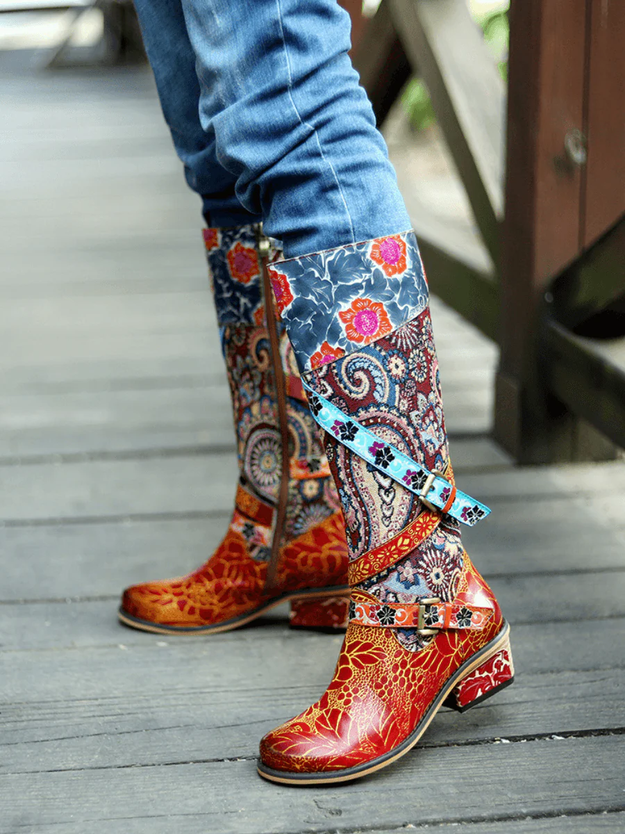 Soffia | Floral Tie-Accent Leather Vintage Knee High Boots - Image 6