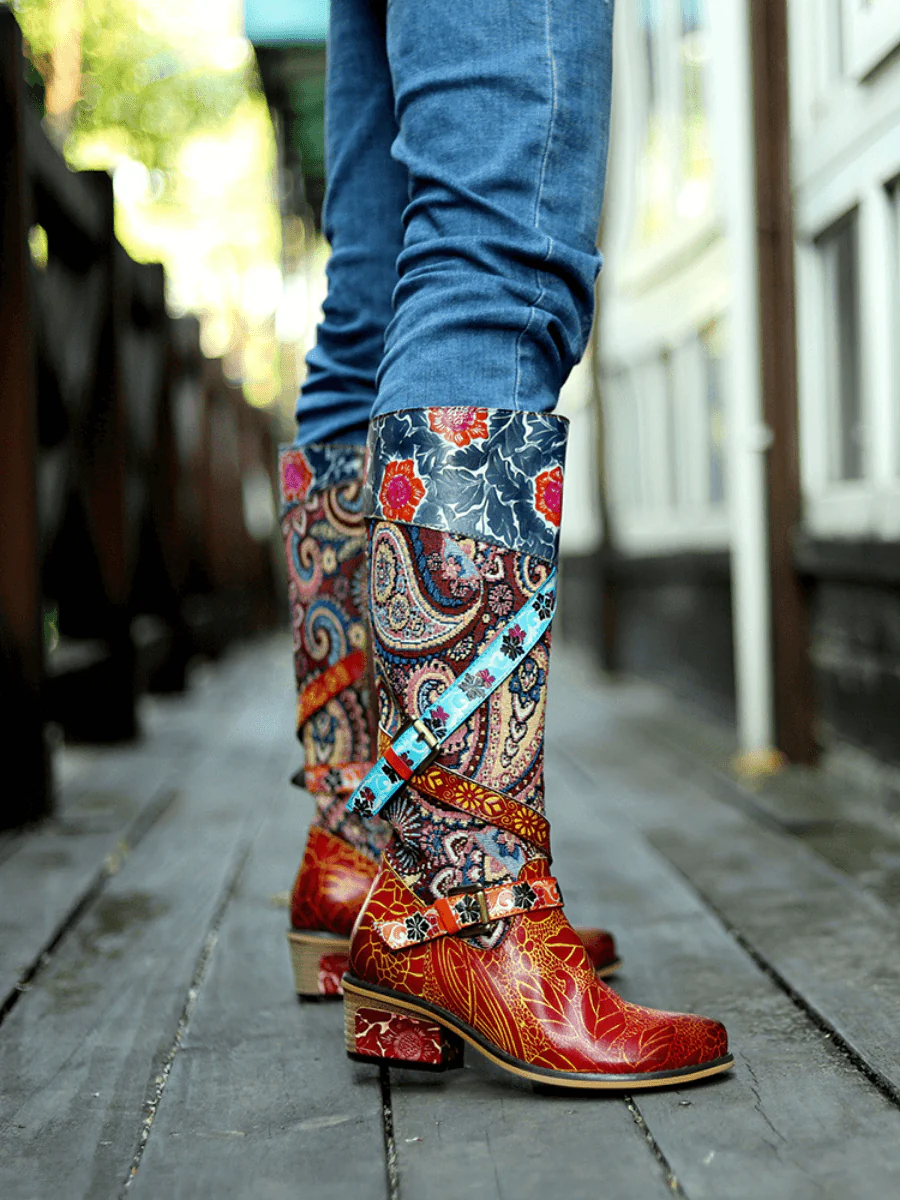 Soffia | Floral Tie-Accent Leather Vintage Knee High Boots - Image 7